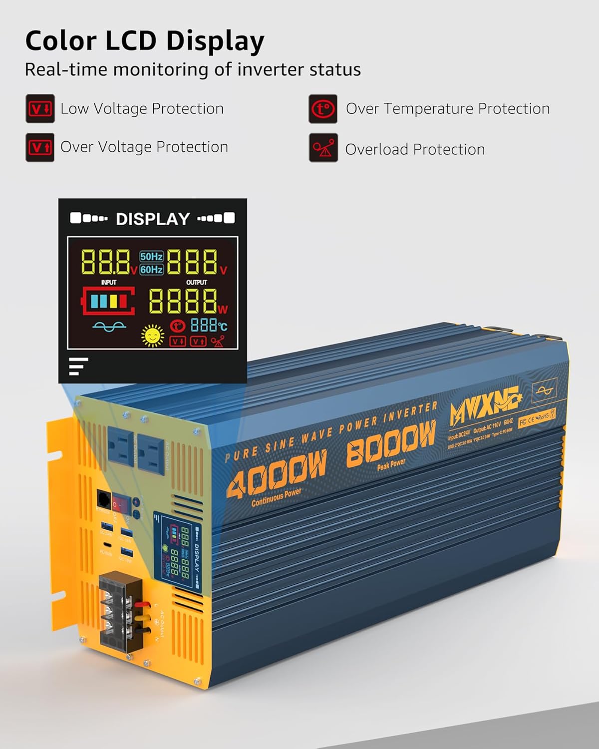 4000W Pure Sine Wave Power Inverter DC 48V to AC 110V 120V for Home RV with Dual AC Outlets 1 USB-C(60W) 3 USB-QC3.0 Fast Car Charger Adapter, LCD Display and Remote Control