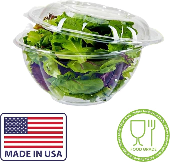 Mr Miracle Clear 32 Ounce Plastic Salad Bowls with Snap-On Lids. Pack 50. Airtight Disposable Salad Containers for Lunch, Meal Prep, Parties. Ideal as Disposable Salad Bowls with Lids