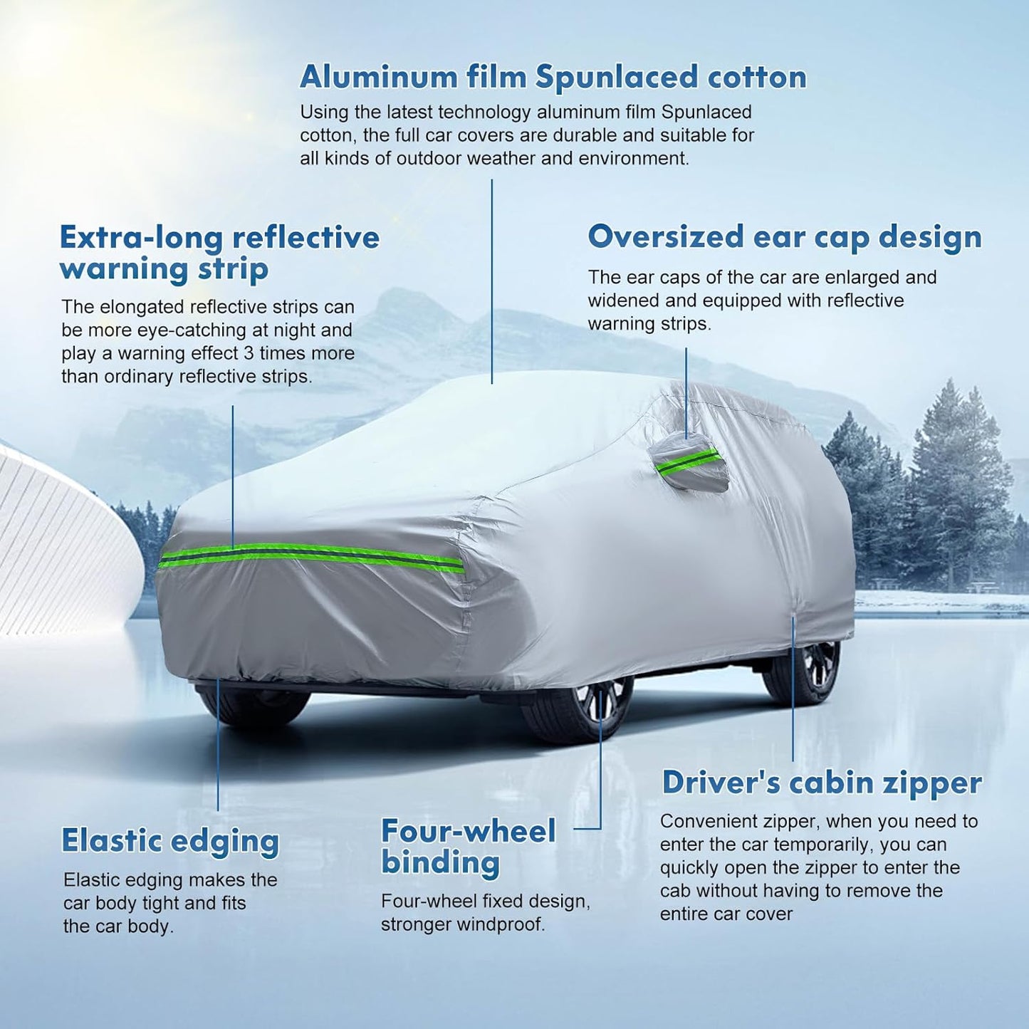 KEYOOG 6-Layer Full Car Cover is All-Weather Waterproof, Universal in All Seasons, Snow Prevention Rainproof, Acid Rainproof, Sunscreen, Ultraviolet-Proof, Fit MPV 199"-210" Green Reflective Strip