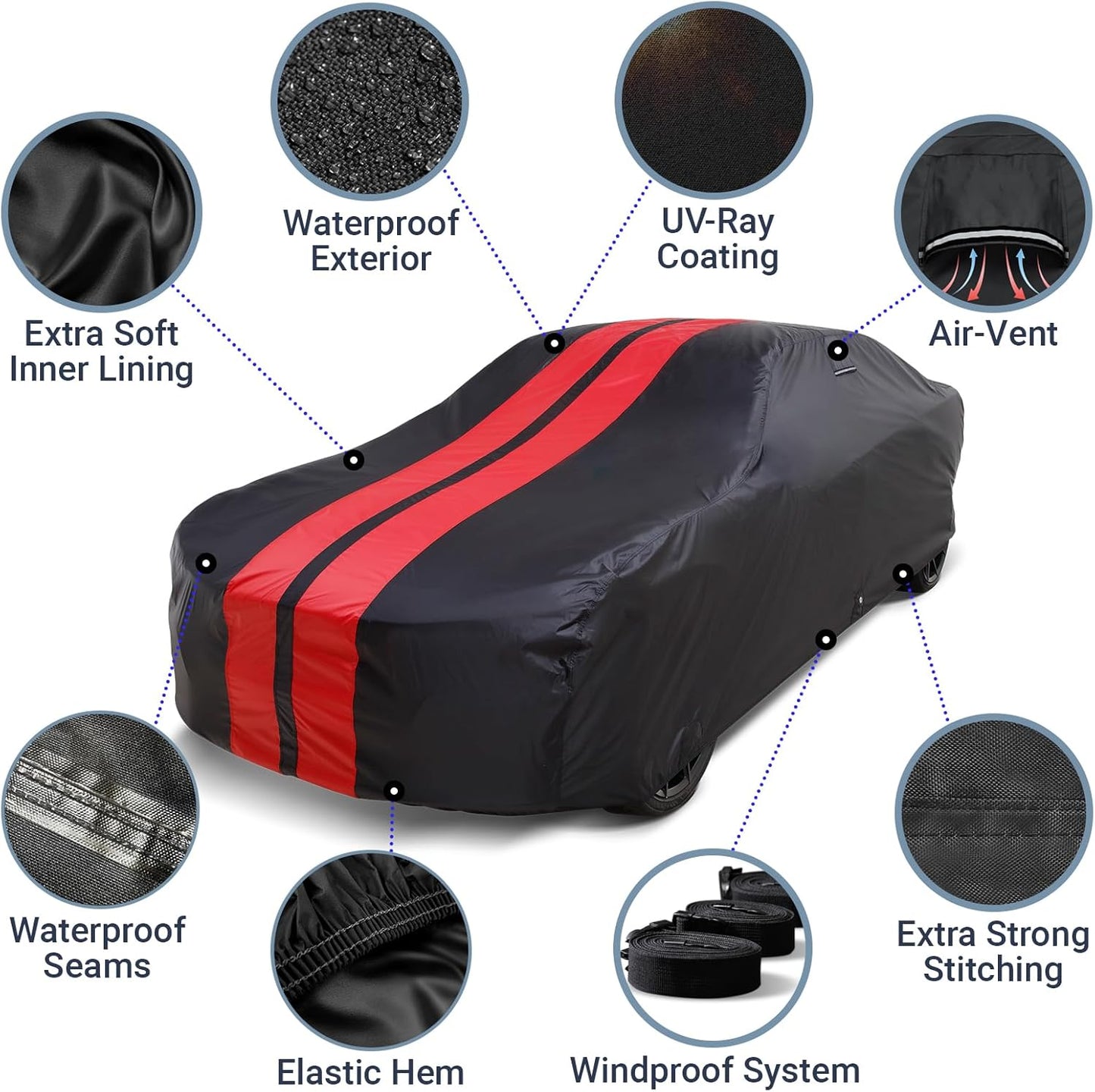 iCarCover Custom Car Cover for Pontiac Lemans Wagon (1978-1981) Waterproof All-Weather Rain Snow UV Sun Protector Full Exterior Indoor Outdoor Car Cover (Stripe - Black/Red)