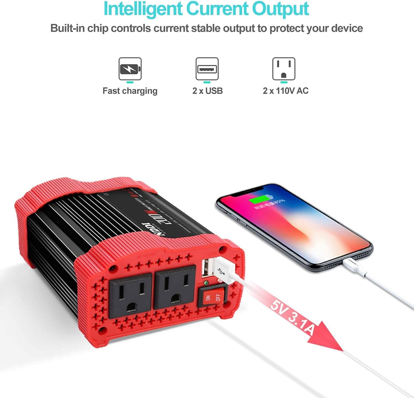 200W Car Power Inverter 12V DC to 110V AC Converter with 3.1 A Dual USB Quick Car Charger Adapter