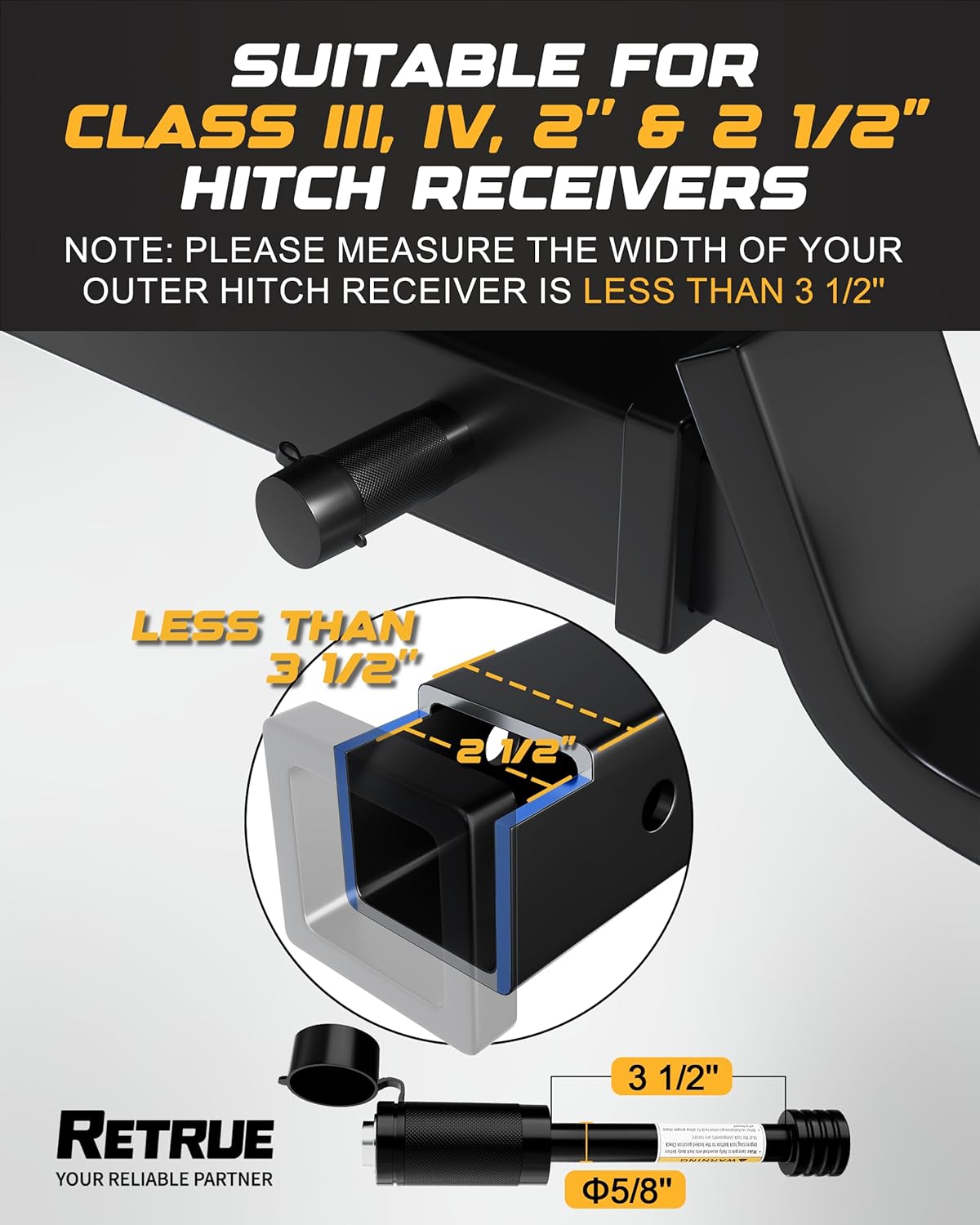 RETRUE Trailer Hitch Lock, 5/8" Locking Hitch Pin for 2 Inch and 2 1/2” Receiver Class III IV Hitch, Tow Hitch Lock with Keys and O-Rings, Trailer Accessories for Outdoor Enthusiasts, 2 Pack