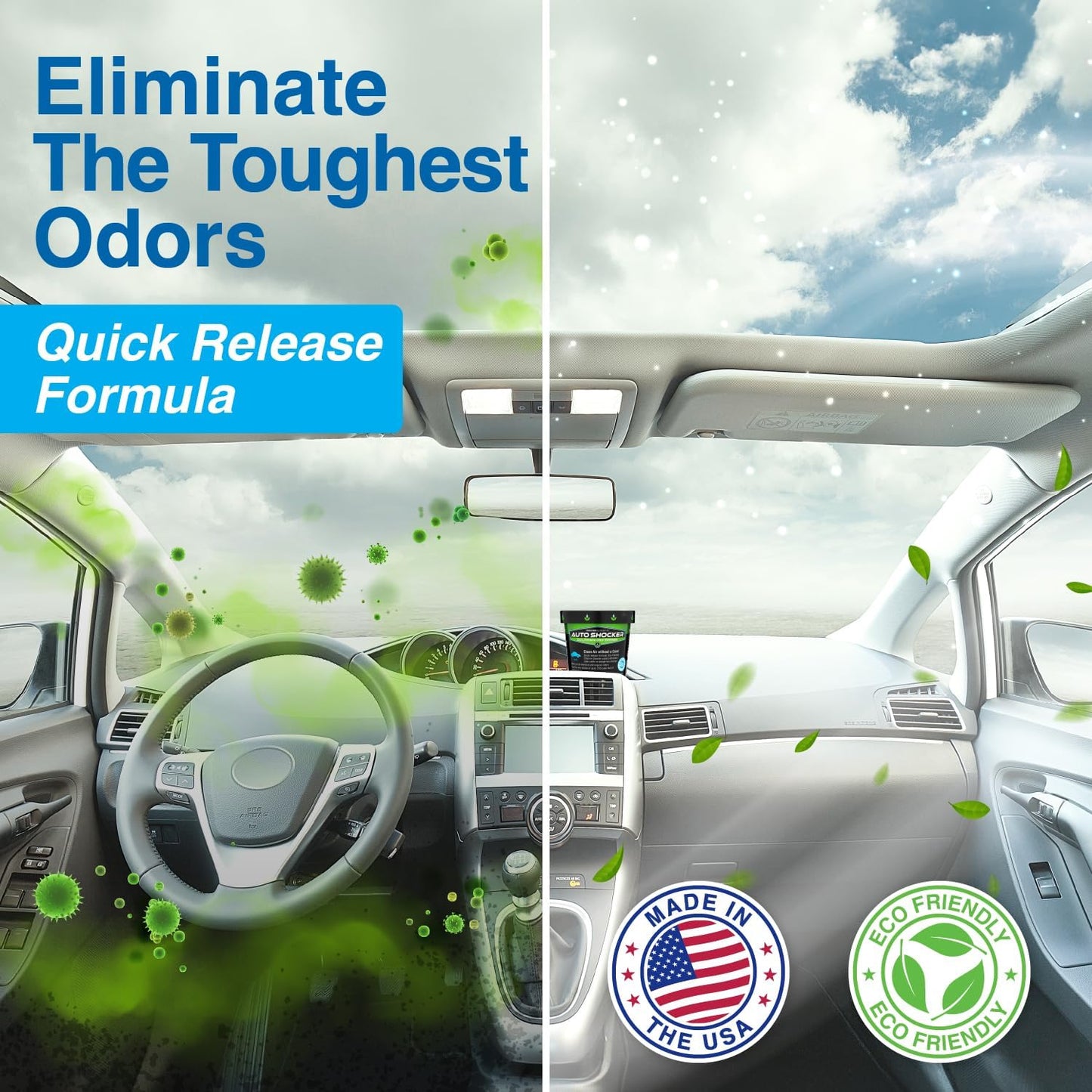 Auto Shocker Strong Quick Release Car Odor Eliminator, Eco-Friendly Smell Remover for Tough Odors in Vehicle Interiors, Up to 250 Cubic Feet (4-Pack)