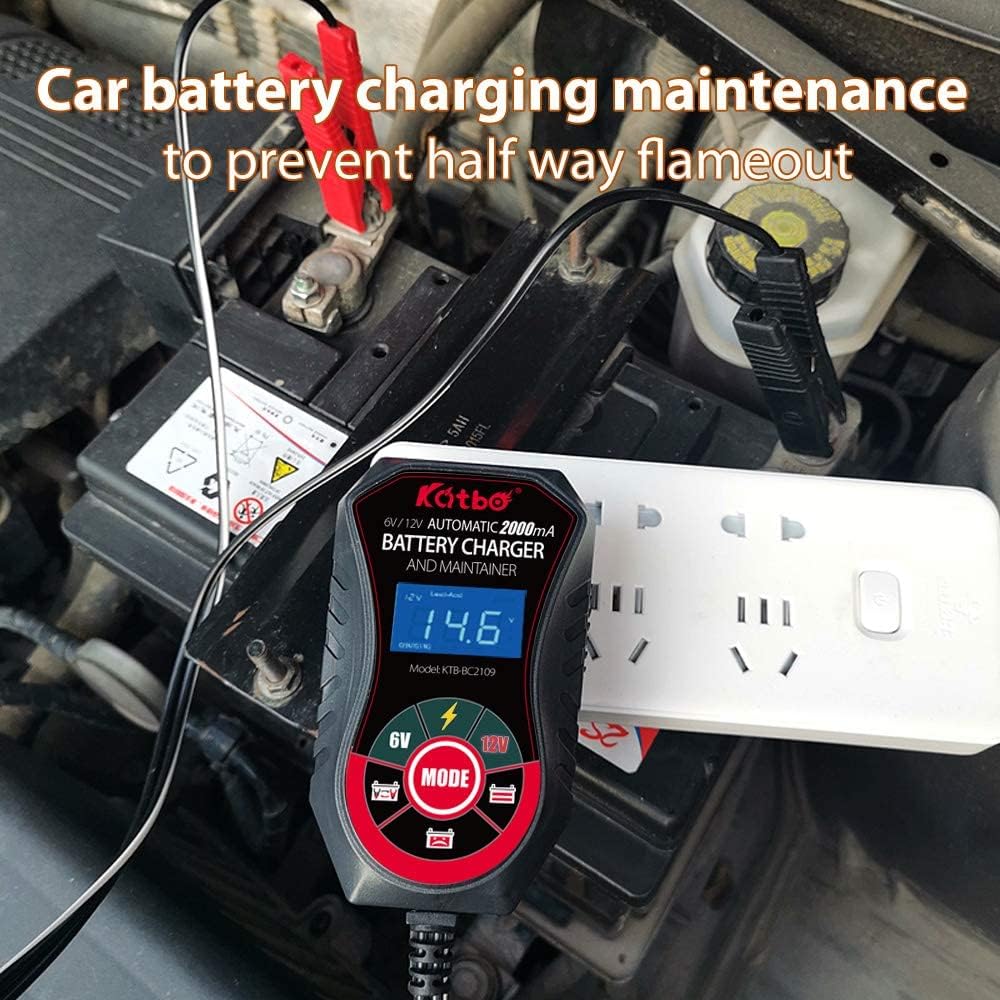 KATBO Battery Charger, 2Amp Battery Maintainer, car Battery Charger 6V 12V, trickle Charger for Car Battery, Motorcycles, Lawn Tractors, Marine AGM, Gel, SLA,Wet