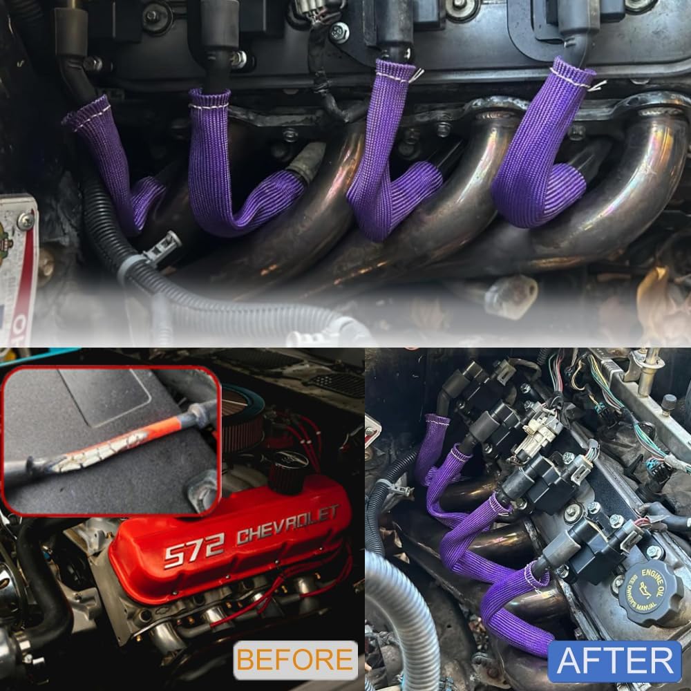 Spark Plug Wire Boots Protection 8 PCS Spark Plug Wire Heat Shield 6 Inches 2500° Spark Plug Heat Sleeve Cover Wrap for LS1 / LS2 Sbc BBC 350 454 (Purple)