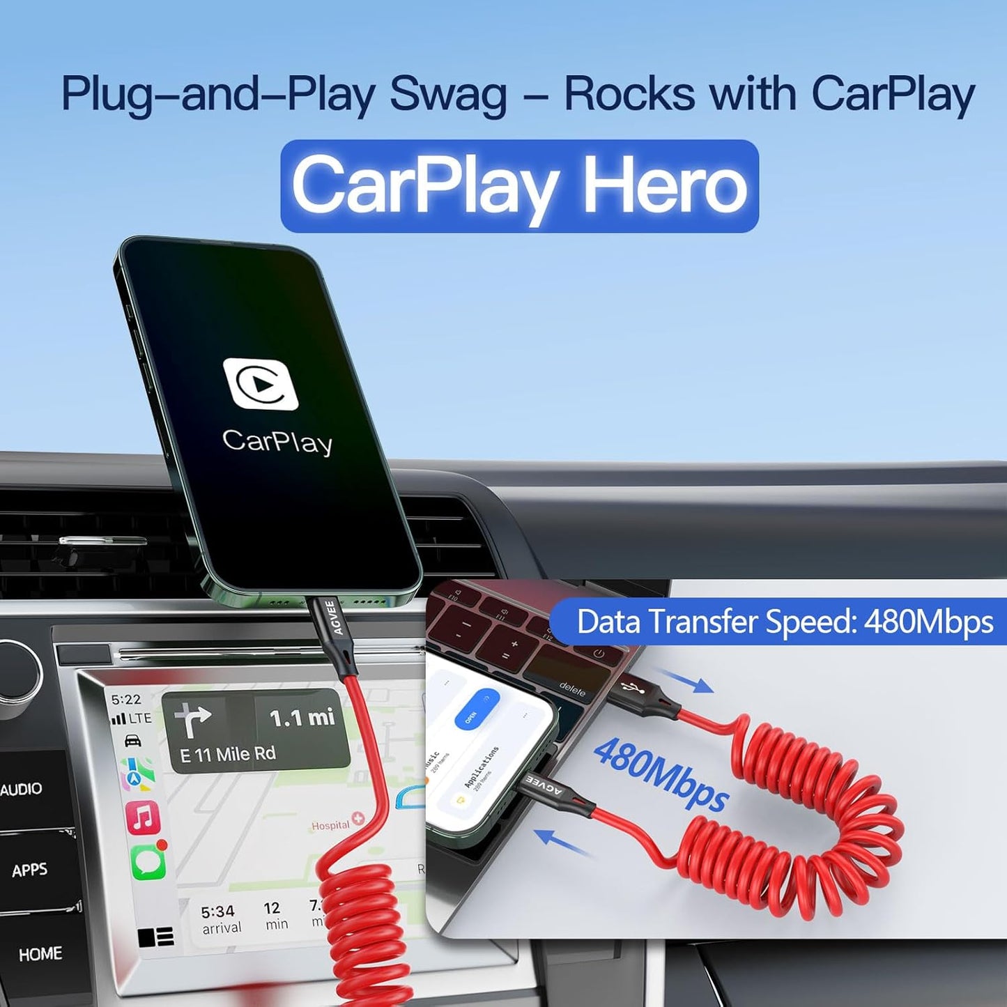 AGVEE 2 Pack 3ft Coiled Short USB to Lightning Charging Cable [MFI Certified] 3A Fast Charger Cord in Car for iPhone 14/13/12/11/XS/8/7/6/5 CarPlay, iPad, iPod, Red