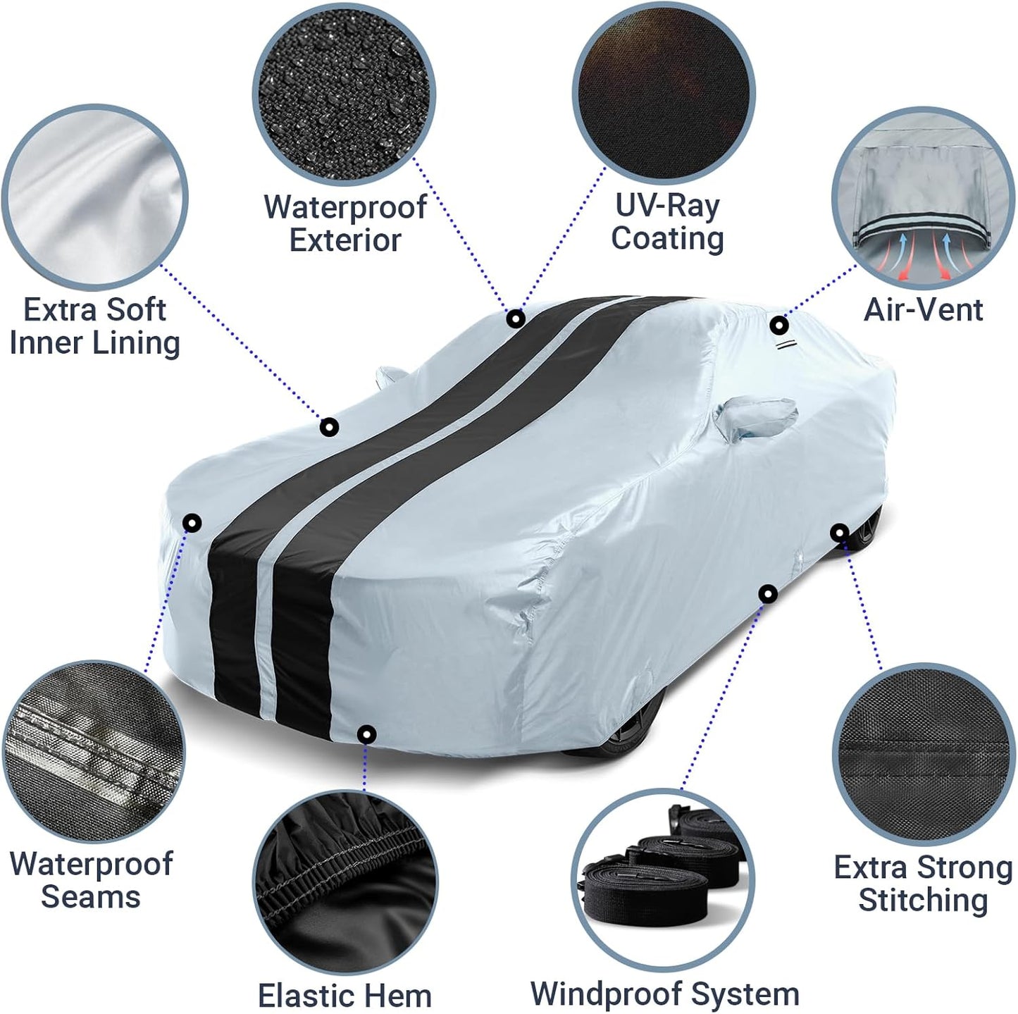 iCarCover Custom Car Cover for Chevy Camaro STD, Z28, SS (1993-2002) Waterproof All Weather Rain Snow UV Sun Protector Full Exterior Indoor Outdoor Car Cover (Stripe - Gray/Black)