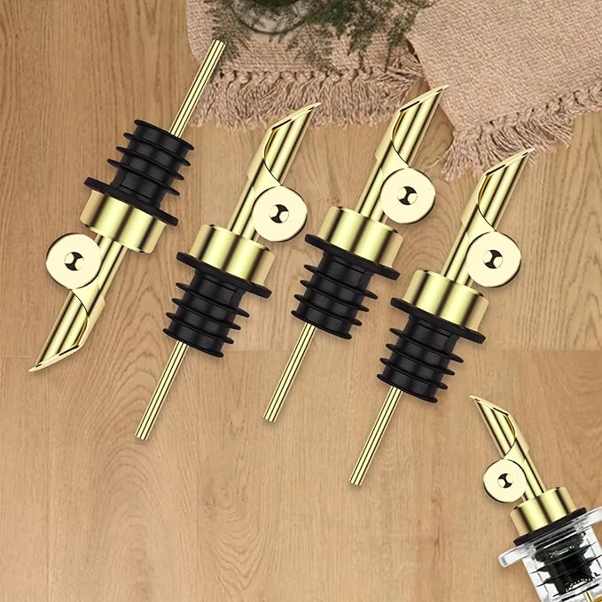 4 Pcs Olive Oil Dispenser with Flip Top, Stainless Steel Auto Pour Spouts for Liquor, Oil, Vinegar, Syrup and Other Liquid Bottles - Gold