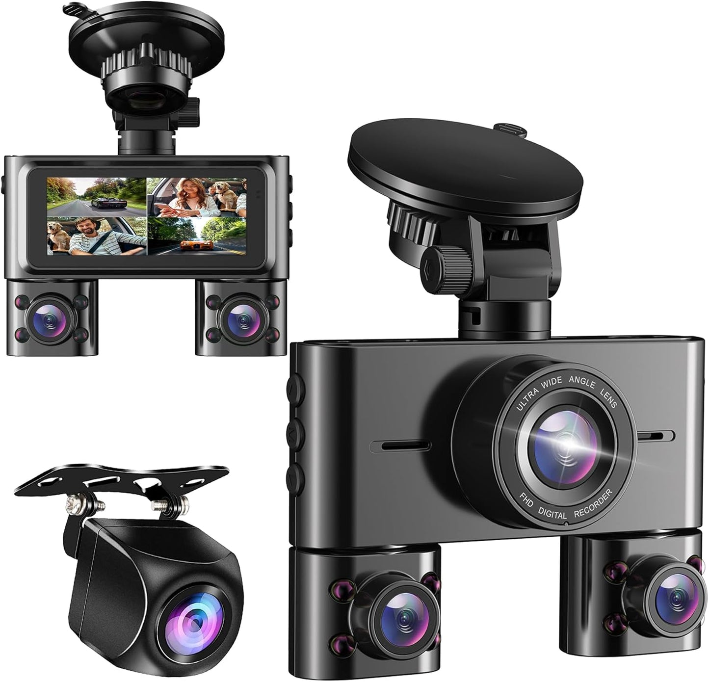 360° Dash Cam Front and Rear Inside, 4 Channel Dash Camera for Cars FHD 1080Px4, Built-in Wi-Fi, 3.16” IPS Screen, WDR Night Vision, Voice Control, Included 64GB Card, 24H Parking Mode