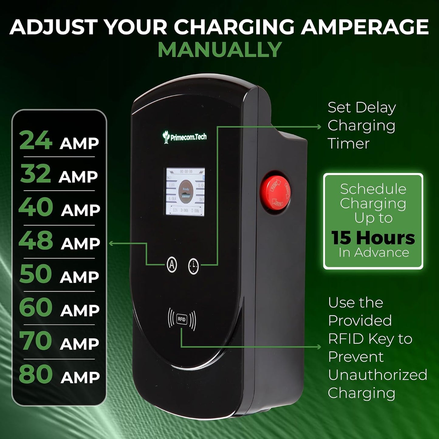 PRIMECOM 80 Amp 22KW 220Volt Level-2 18ft to 50ft Cord Lengths 20X Fast Smart Electric Vehicle EV Charging Station Ford Transit F-150 Lightning Lucid Air Polestar TeslaXS Taycan (40 Feet)