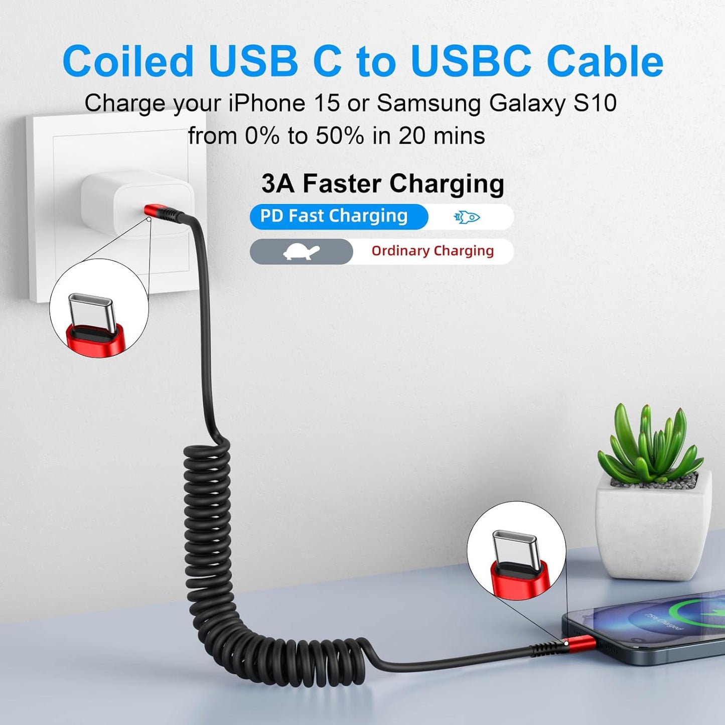 USB C Cable 3ft 2Pack USB C to USB C Charger Cable for Car, Coiled Type C Fast Charging Cable for iPhone 16/15/Plus/Pro/Pro Max/MacBook Pro 2020/iPad Pro 2020/iPad Air 4/Samsung Galaxy S23-Red
