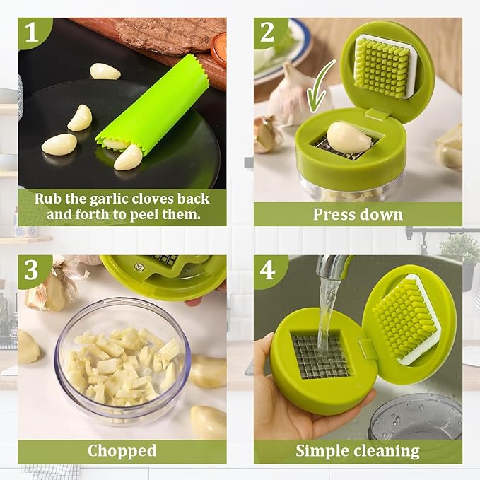 2 Pcs Garlic Press Stainless Steel,Mini Garlic Chopper,with Peeler，Cleaning Brush and Scrapers