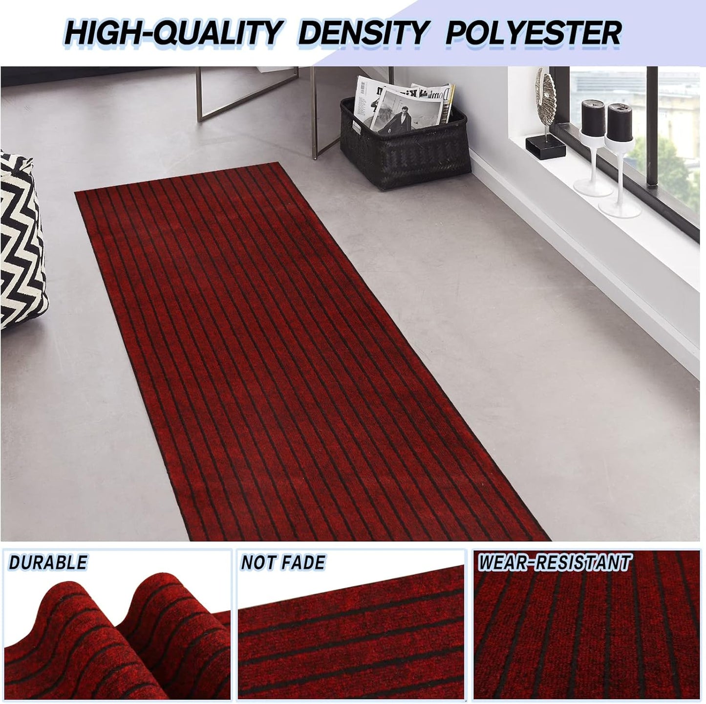 Custom Size Backed Non-Slip Area Rugs Runner, Easy Clean, Waterproof Runner Rugs for Hallway Entryway, Kitchen, Laundry, 4FT x 27FT, Red Stripe