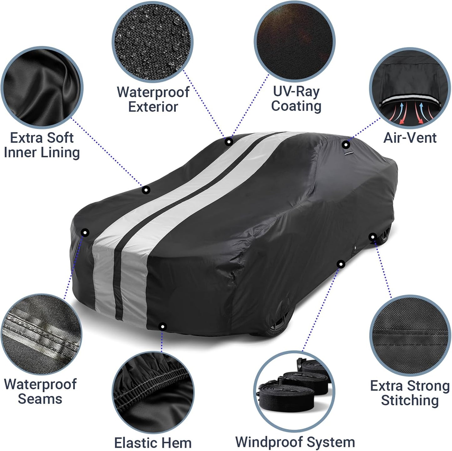 iCarCover Custom Car Cover for Chevy Deluxe 2-Door Coupe, 4-Door Sedan (1940-1952) Waterproof All Weather Rain Snow UV Sun Protector Full Exterior Indoor Outdoor Car Cover (Stripe - Black/Gray)