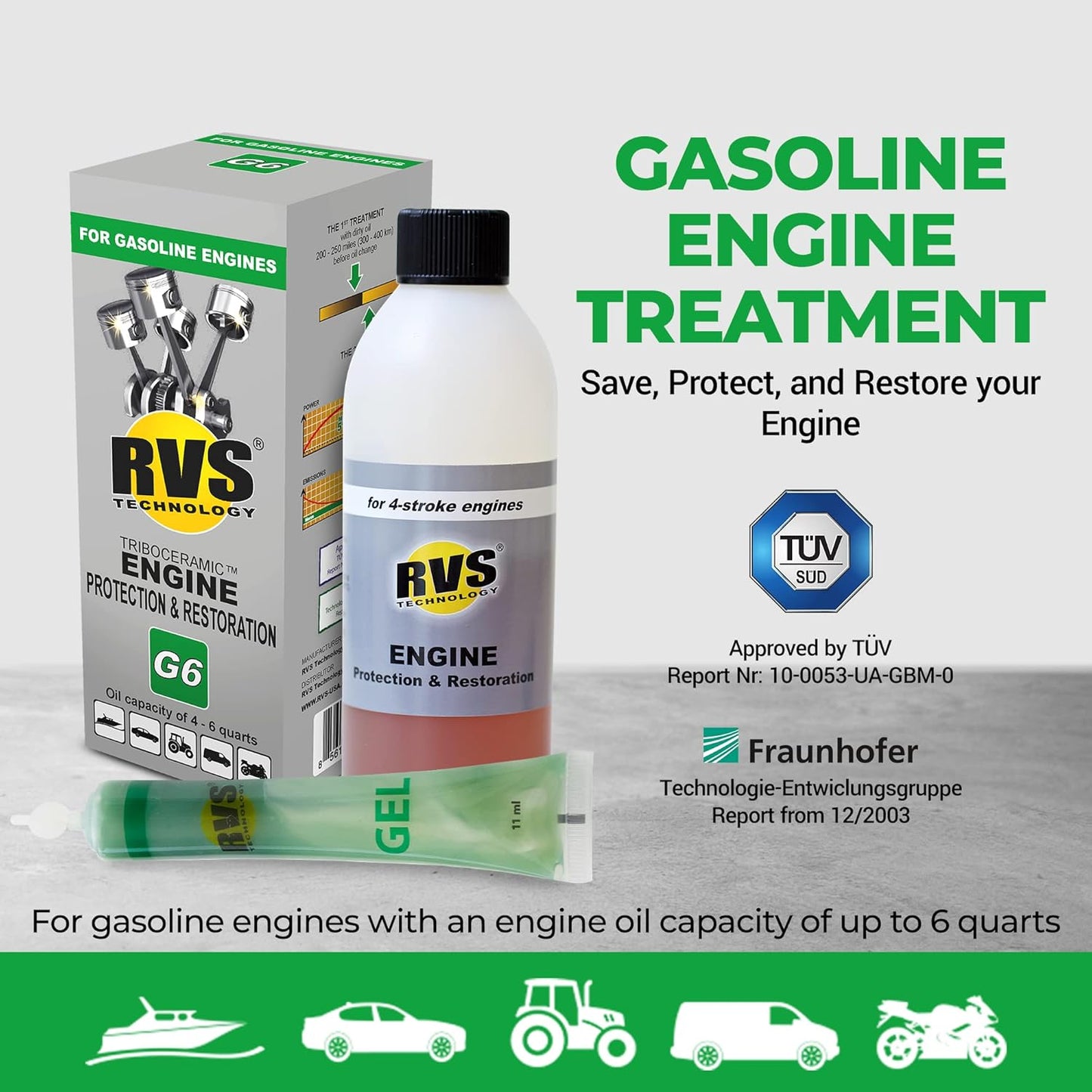 G6 Engine oil Treatment; For Gasoline Engines with a Motor oil capacity up to 6 quarts; Save fuel, Boost Power and Safely Restore and protect your Car, Truck, and all other engines