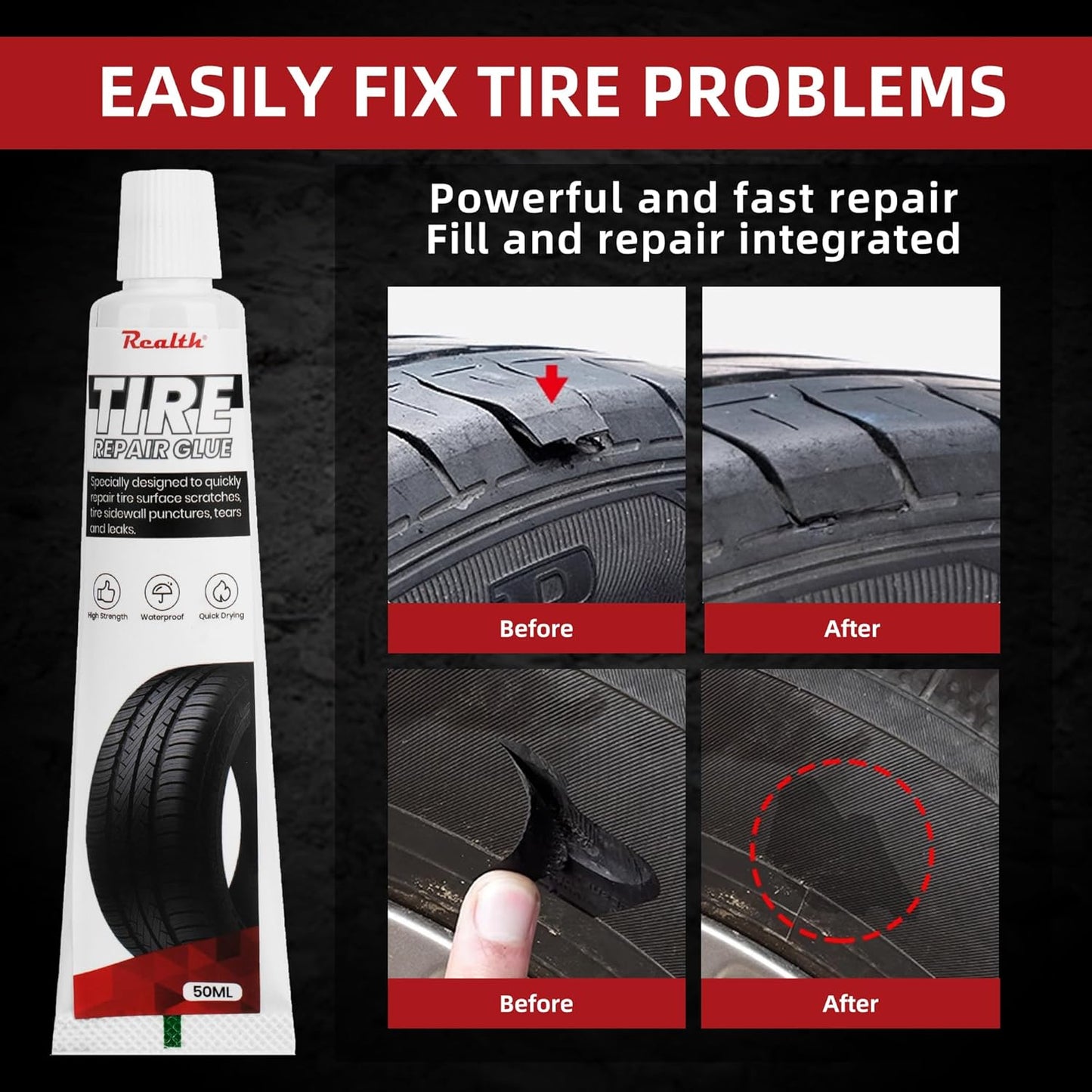 Tire Repair Glue 100ml, Rubber Cement Tire Repair, Tire Plug Glue, Tire Patch Glue Heavy Duty, Three Sizes Tire Repair Nail 15 Pcs, Sidewall Tire Repair Kit for Car, Motorcycle, Bike, Truck, Tractor
