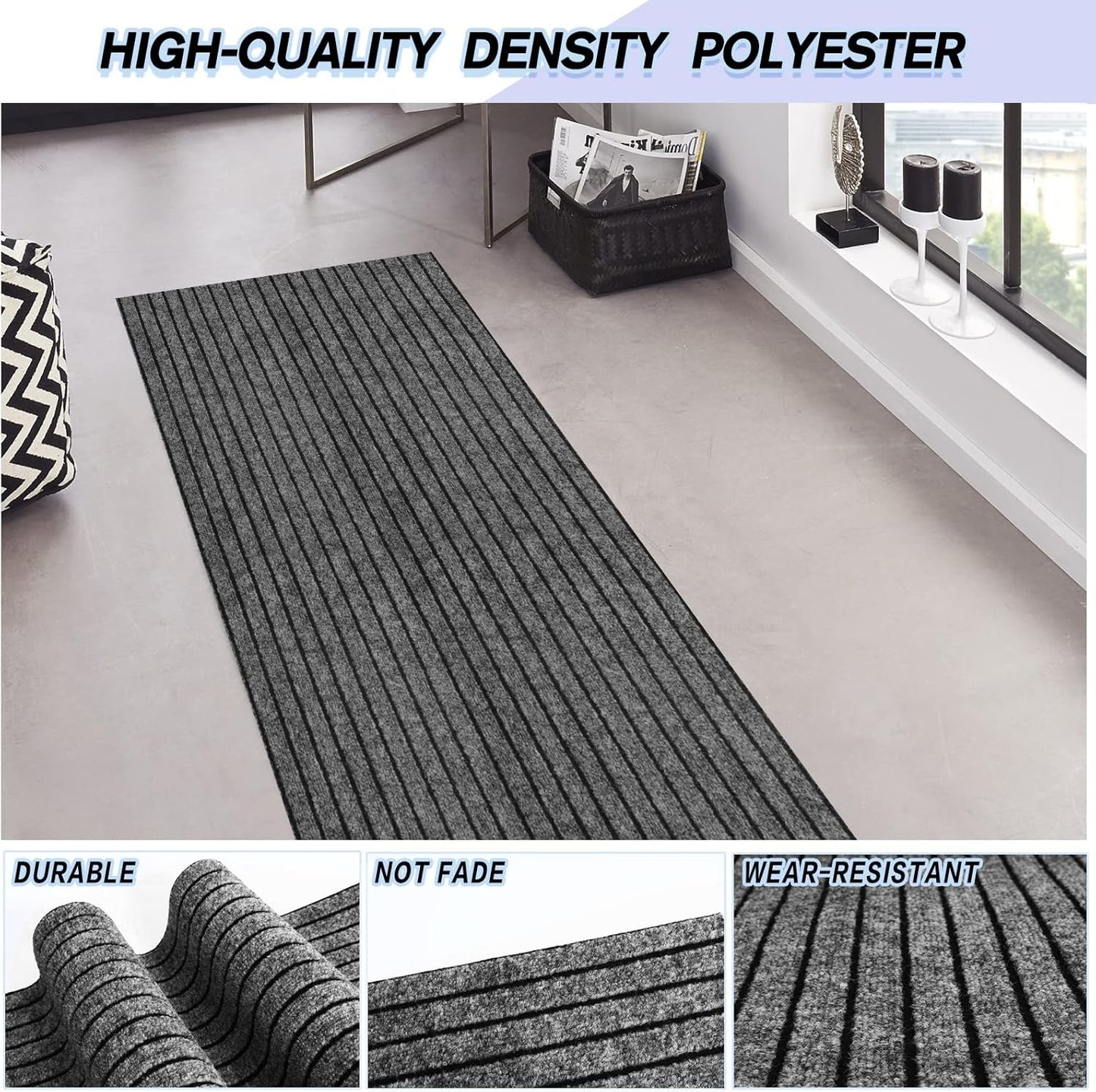 Custom Size Backed Non-Slip Area Rugs Runner, Easy Clean, Waterproof Runner Rugs for Hallway Entryway, Kitchen, Laundry, 3FT x 68FT, Gray Stripe
