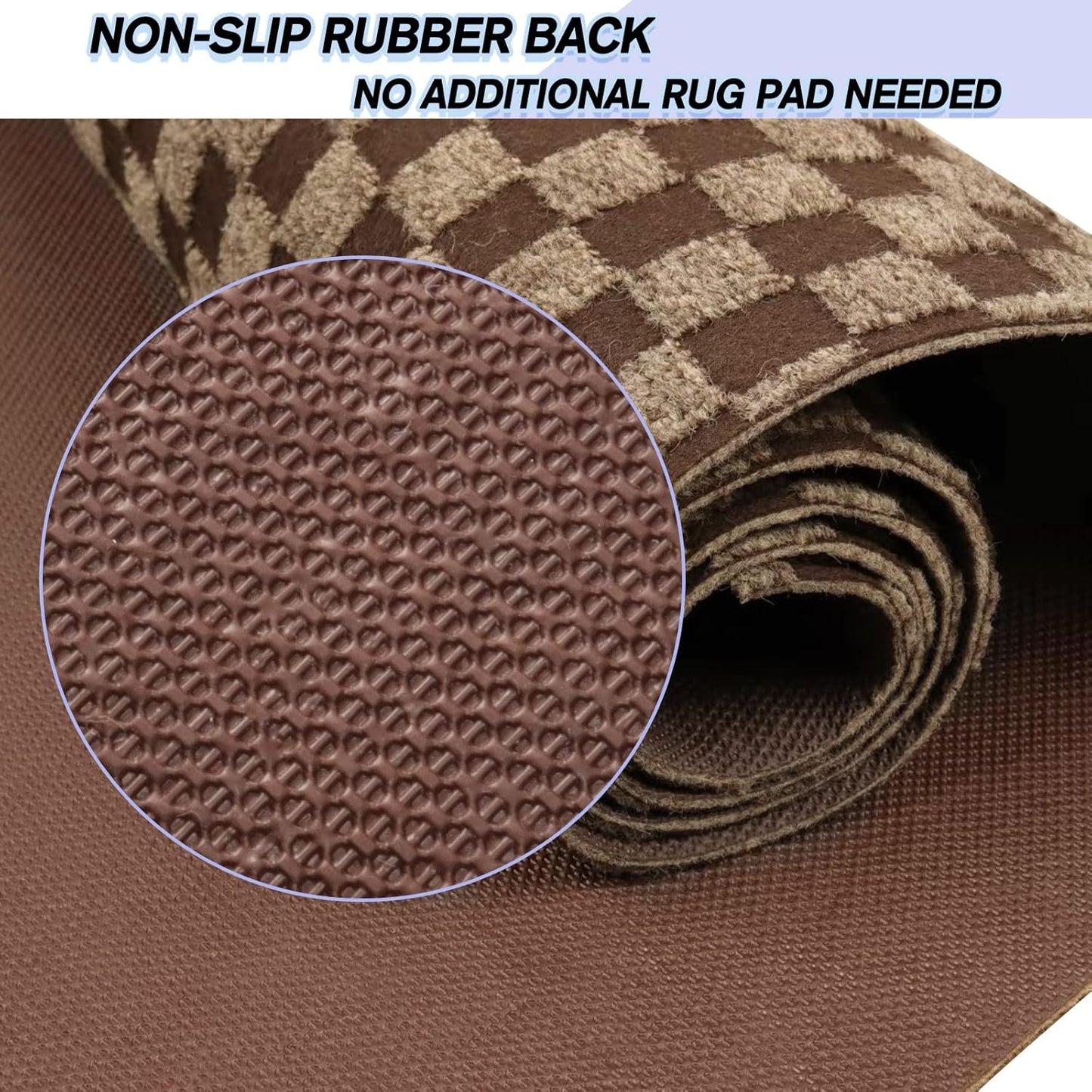 Custom Size Backed Non-Slip Area Rugs Runner, Easy Clean, Waterproof Runner Rugs for Hallway Entryway, Kitchen, Laundry, 4FT x 63FT, Brown Checkered