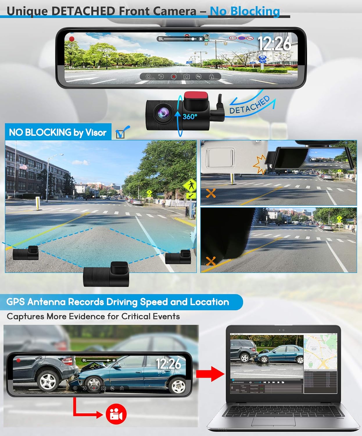 PORMIDO Triple Mirror Dash Cam 12" with Detached Front and in-Car Camera,Waterproof Backup Rear View Dashcam Anti Glare 1296P IPS Touch Screen with Sony Sensor,Starvis Night Vision,GPS,Parking Assist
