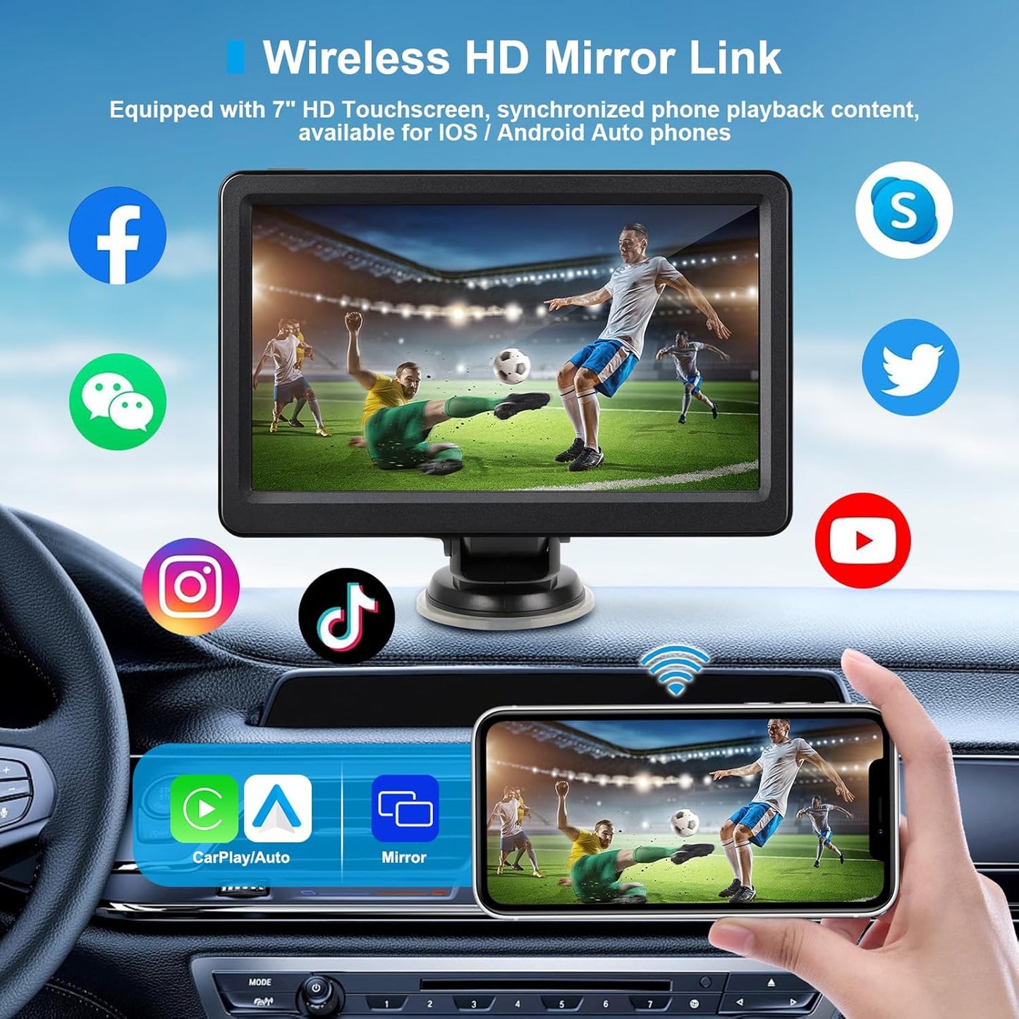 Wireless Carplay Screen for Car, 7" HD Touch Screen Portable Car Stereo for Carplay & Android Auto, Pantalla para Carros with Bluetooth, AUX, FM Transmitter, Voice Control