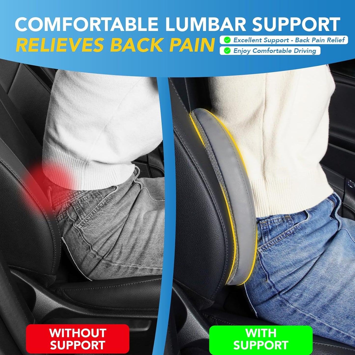 Lumbar Support Pillow for Car, Memory Foam Lumbar Pillow for Lower Back Pain Relief - Back Cushion for Driving, Chair Support for Car-Office Chair, Wheelchair - Dark Grey