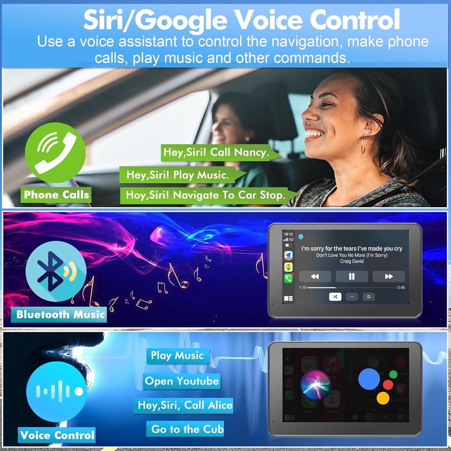Portable Carplay Screen for Car, 7" HD Touchscreen for Car with Backup Camera/Mirror Link/Bluetooth/Voice Control/GPS/AUX/FM Satellite Radio for All Vehicles.