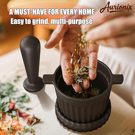 Cast Iron Mortar and Pestle & Garlic Grater Plate Set, Guacamole Bowl and Masher with Bonus Brush/Spoon, Small Mortar and Pestle Set 3-in-1 Crushing Smasher for Kitchen Spices and Pesto