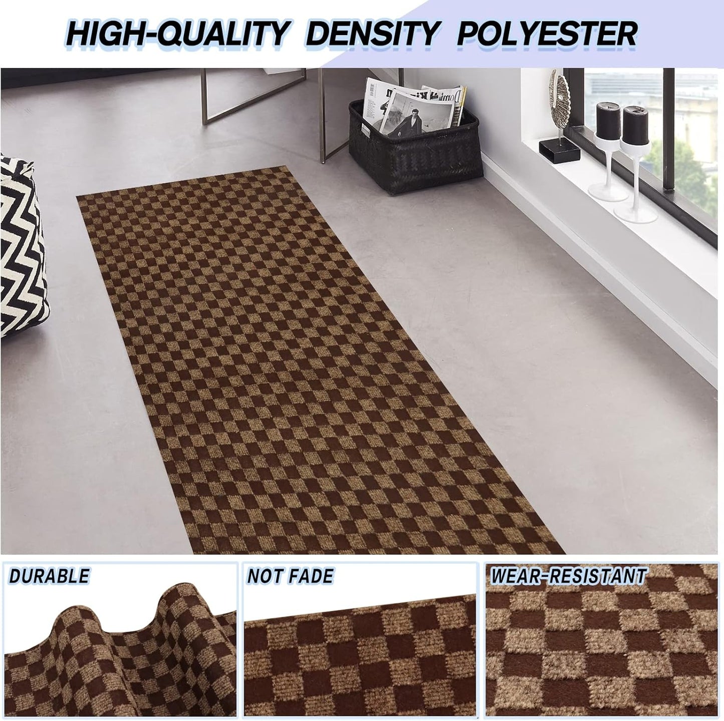 Custom Size Backed Non-Slip Area Rugs Runner, Easy Clean, Waterproof Runner Rugs for Hallway Entryway, Kitchen, Laundry, 4FT x 61FT, Brown Checkered