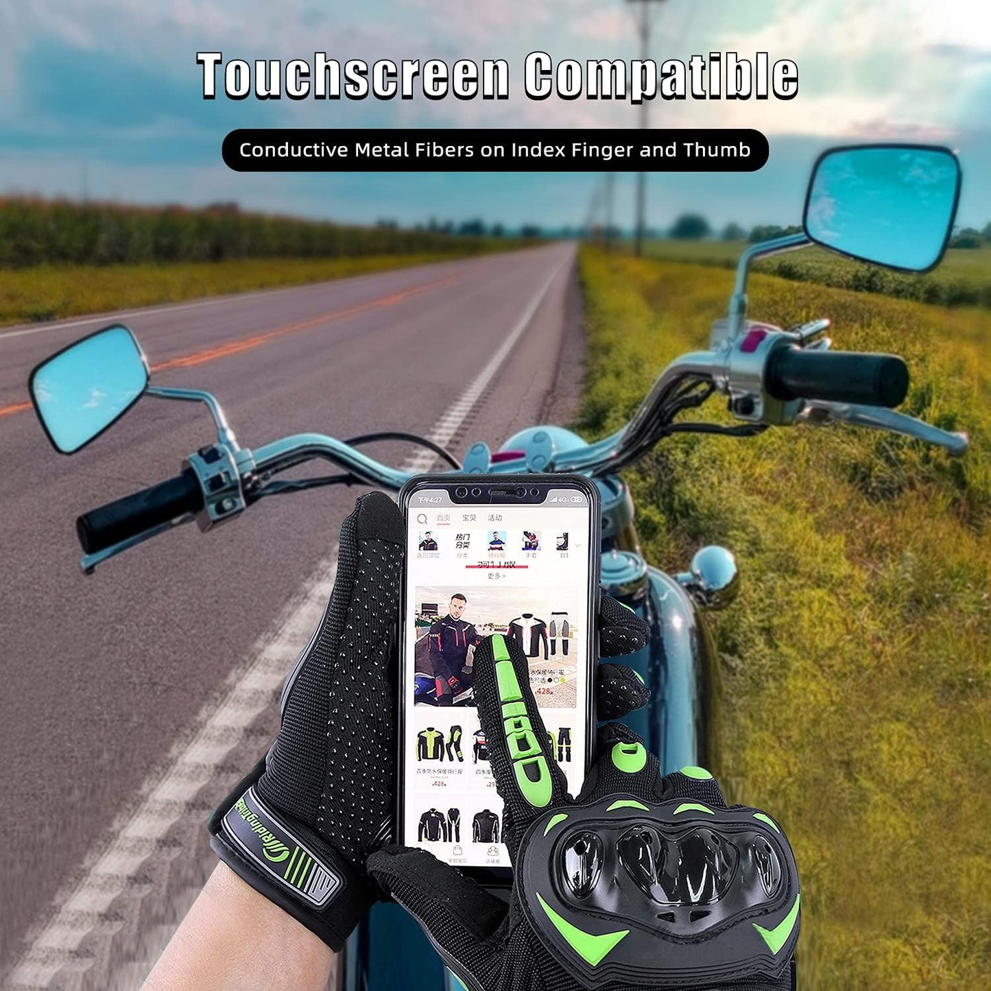 Motorcycle Gloves for Men and Women Full Finger Touchscreen Mountain Dirt Bike Gloves for Powersports BMX ATV MTB Driving Motocross Cycling Gloves(XL, Green)