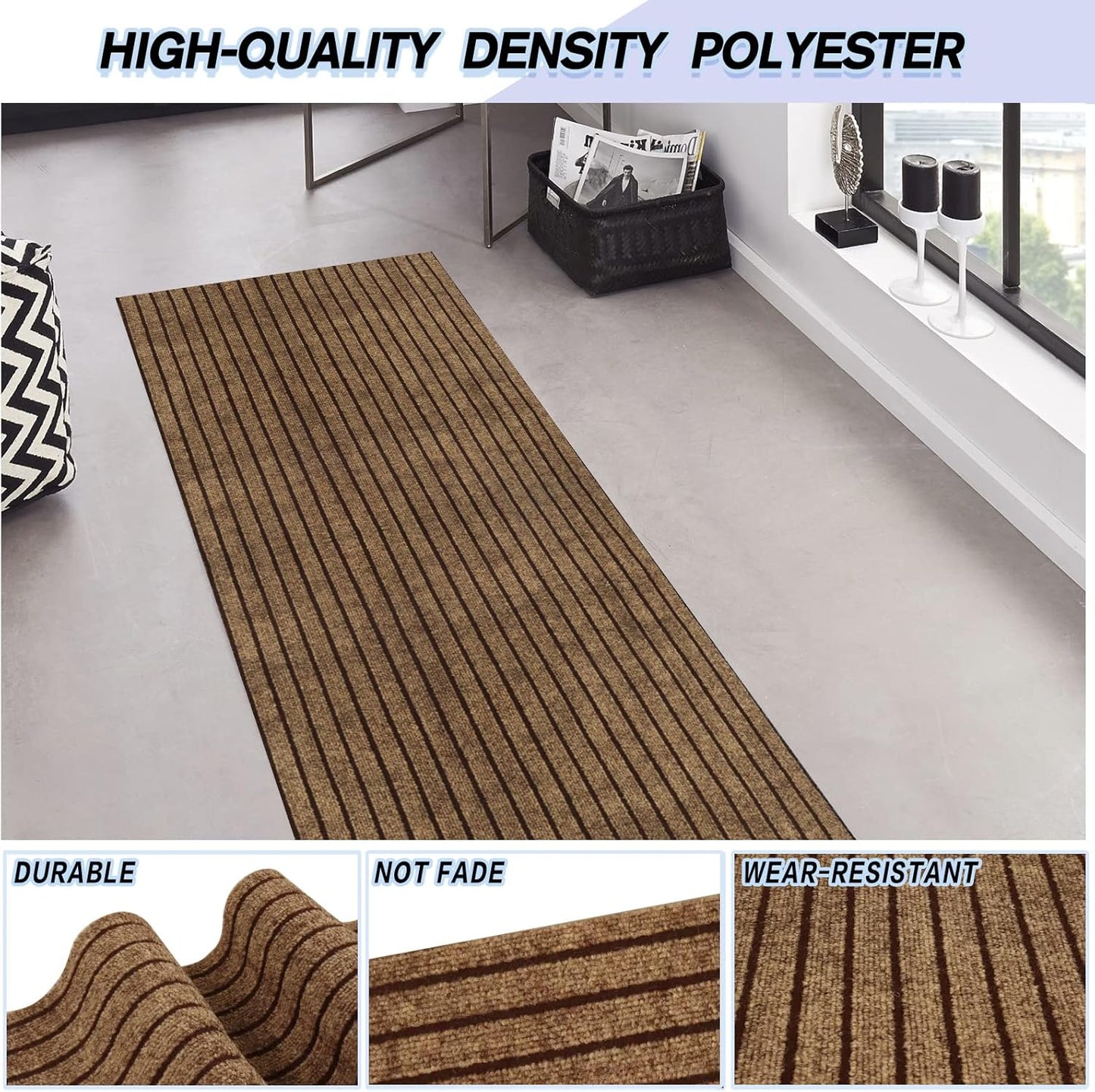 Custom Size Backed Non-Slip Area Rugs Runner, Easy Clean, Waterproof Runner Rugs for Hallway Entryway, Kitchen, Laundry, 4FT x 49FT, Brown Stripe