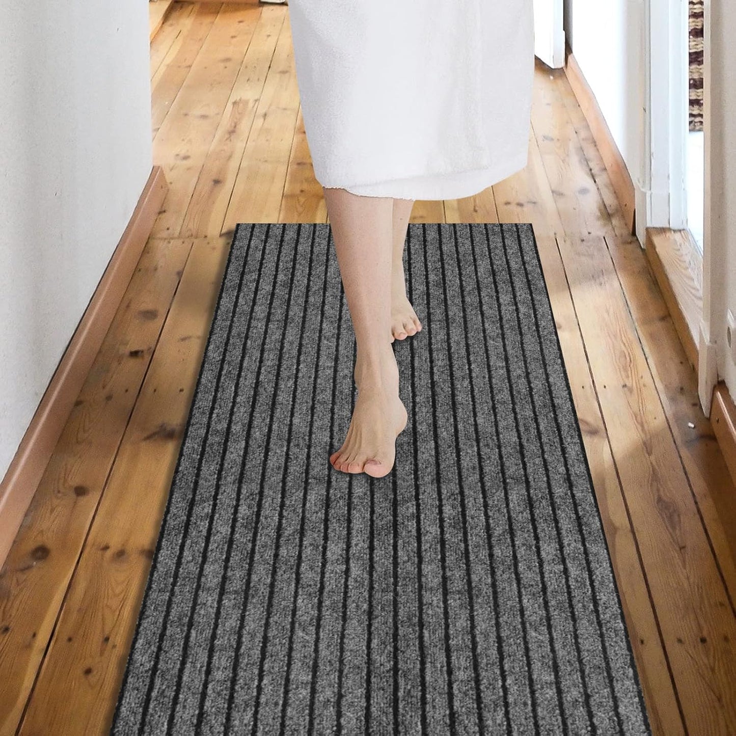 Custom Size Backed Non-Slip Area Rugs Runner, Easy Clean, Waterproof Runner Rugs for Hallway Entryway, Kitchen, Laundry, 3FT x 7FT, Gray Stripe
