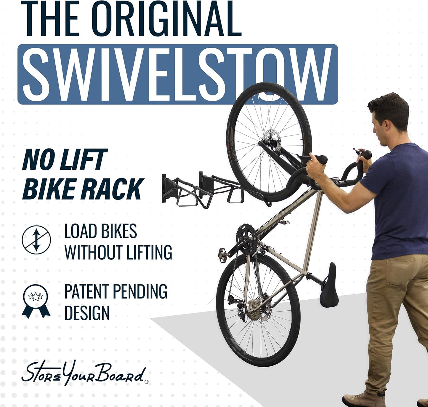 StoreYourBoard SwivelStow Mountain Bike Storage Rack 4 Pack – Heavy Duty Bike Hanger, No-Lift Bike Wall Mount for Garage Bike Storage, MTB and E-Bike, Holds 70 lbs, Patent-Pending