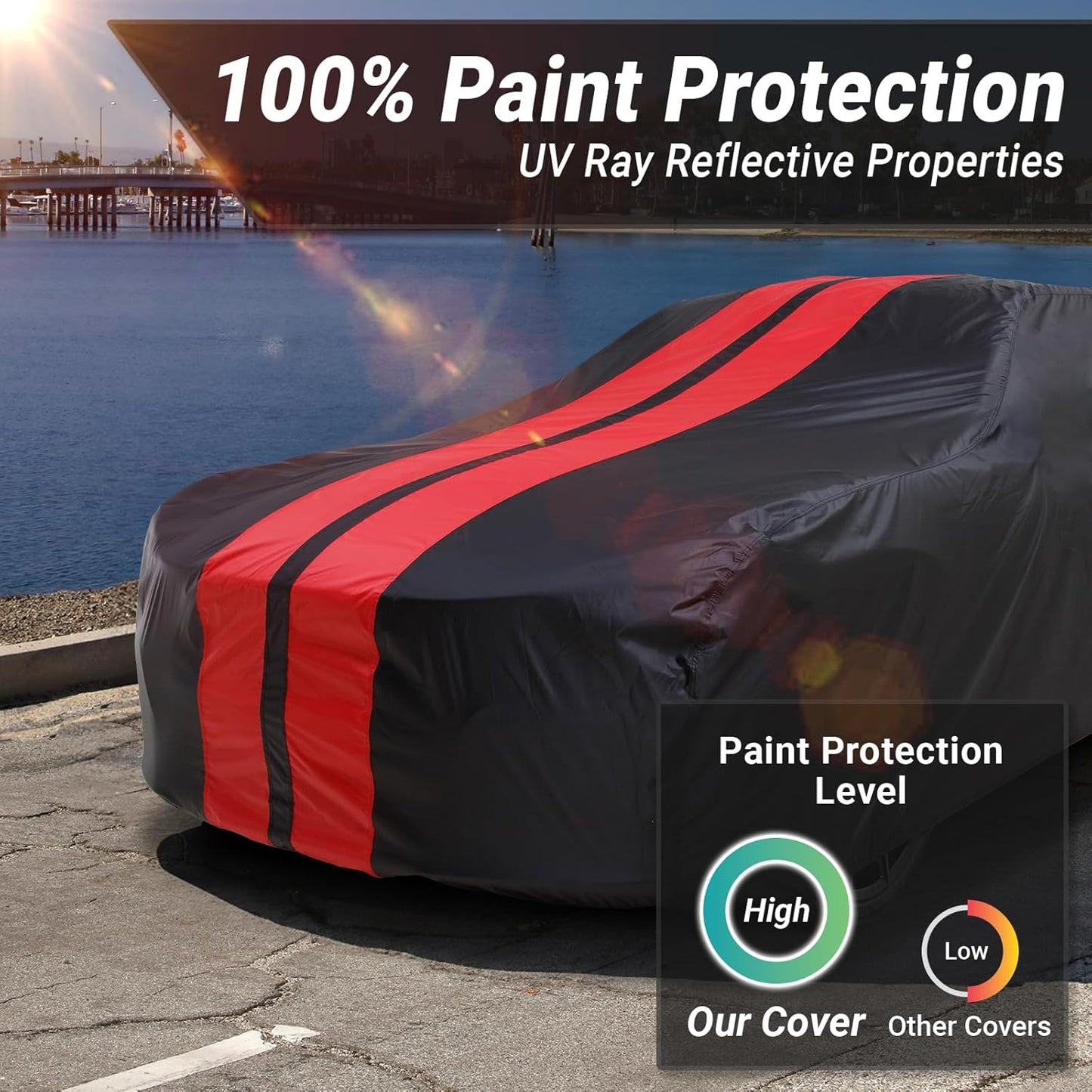 iCarCover Custom Car Cover for Buick Skyhawk (1975-1989) Waterproof All-Weather Rain Snow UV Sun Protector Full Exterior Indoor Outdoor Car Cover (Stripe - Black/Red)