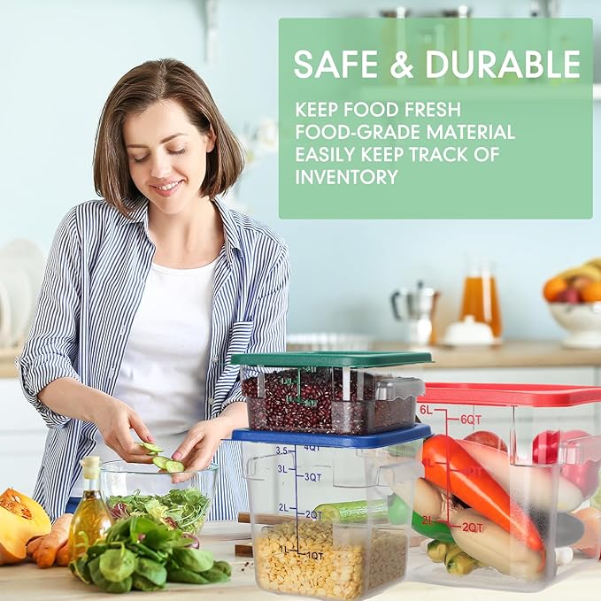 Lallisa 6 Pcs Food Storage Set, Square Polycarbonate Restaurant Food Storage Containers with Lids commercial Clear Cereal Containers for Kitchen, 3 Colors(2 Quart 4 Quart and 6 Quart)
