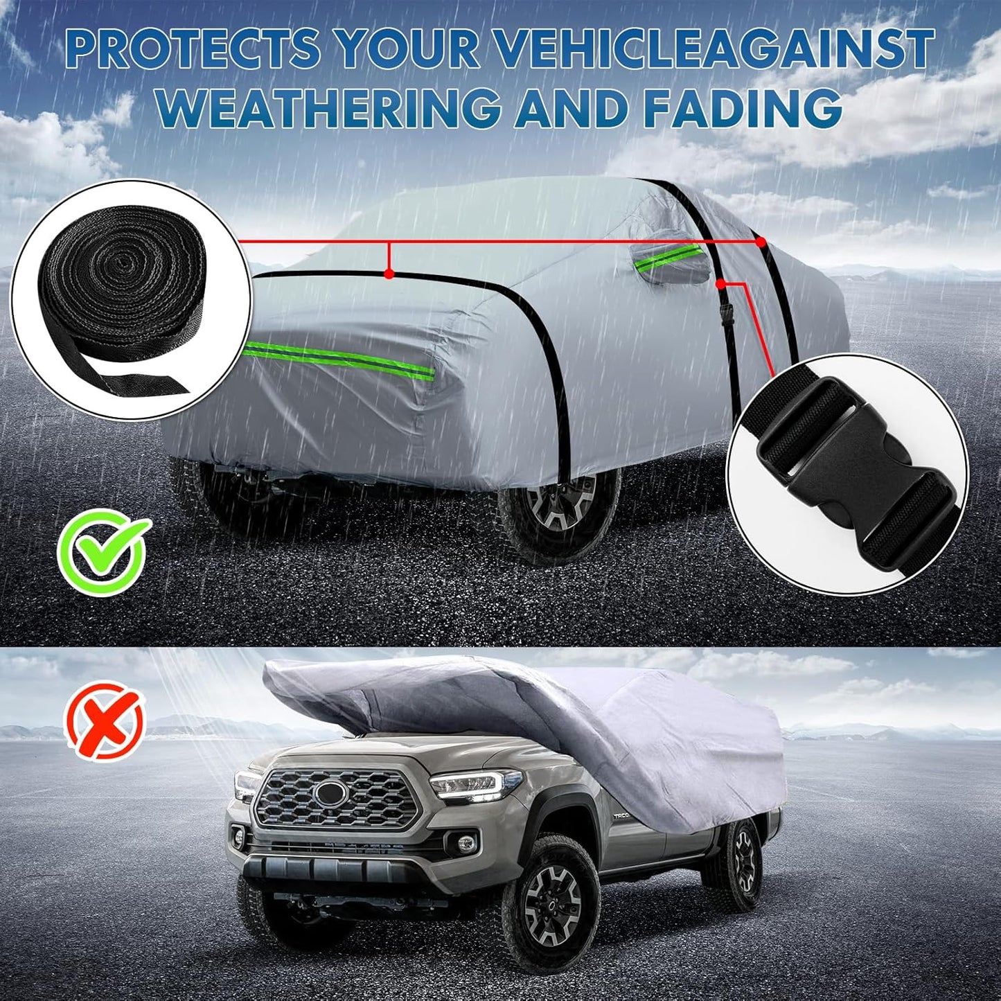 KEYOOG 6-Layer Full Car Cover is All-Weather Waterproof, Universal in All Seasons, Snow Prevention Rainproof, Acid Rainproof, Sunscreen, Ultraviolet-Proof, Fit MPV 199"-210" Green Reflective Strip