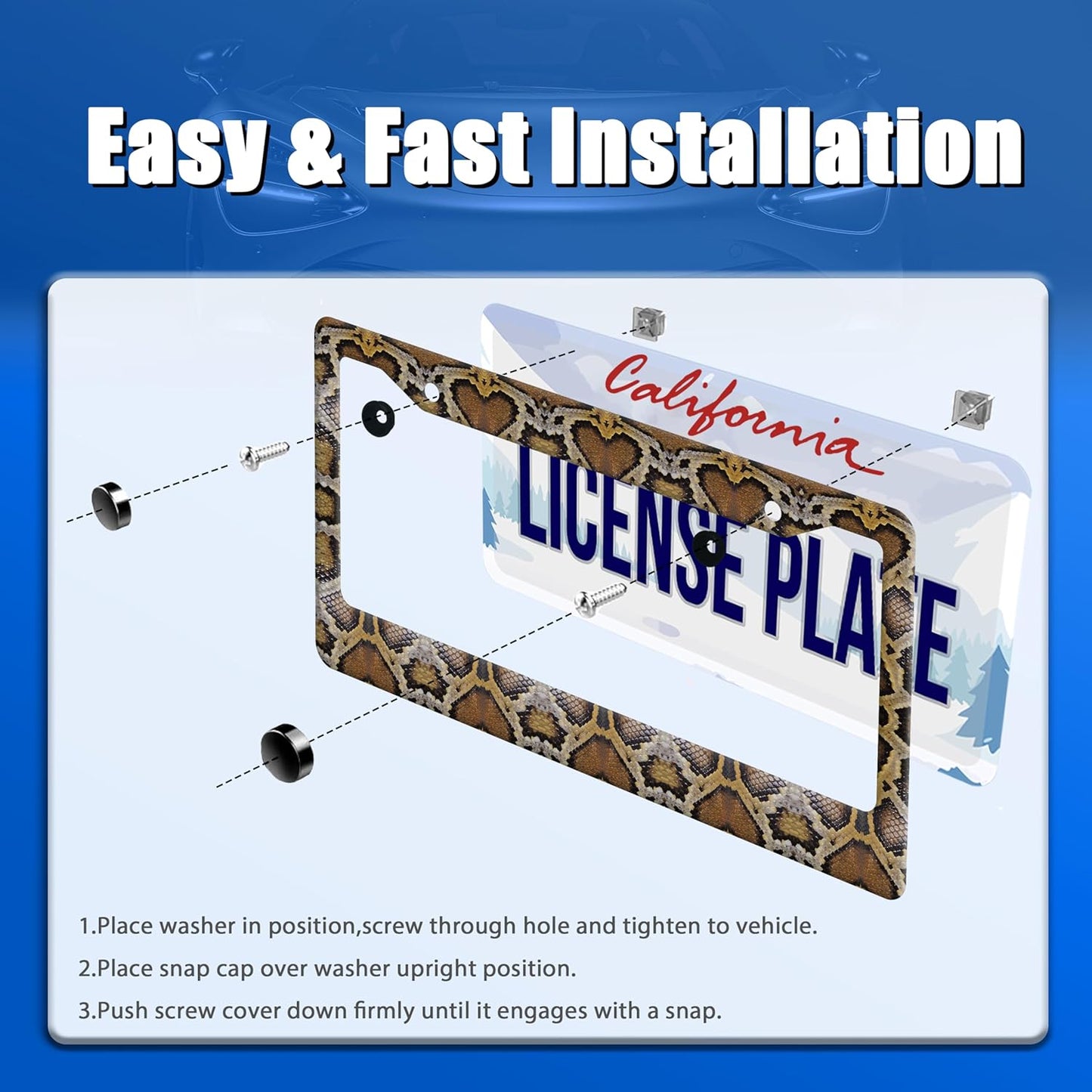 Snake Printed License Plate Frame Animal Skin Texture License Plate Stainless Steel Funny License Plate Holder Colorful Car Accessory with Screws Car Decoration 12.3" x 6.3" Men Women