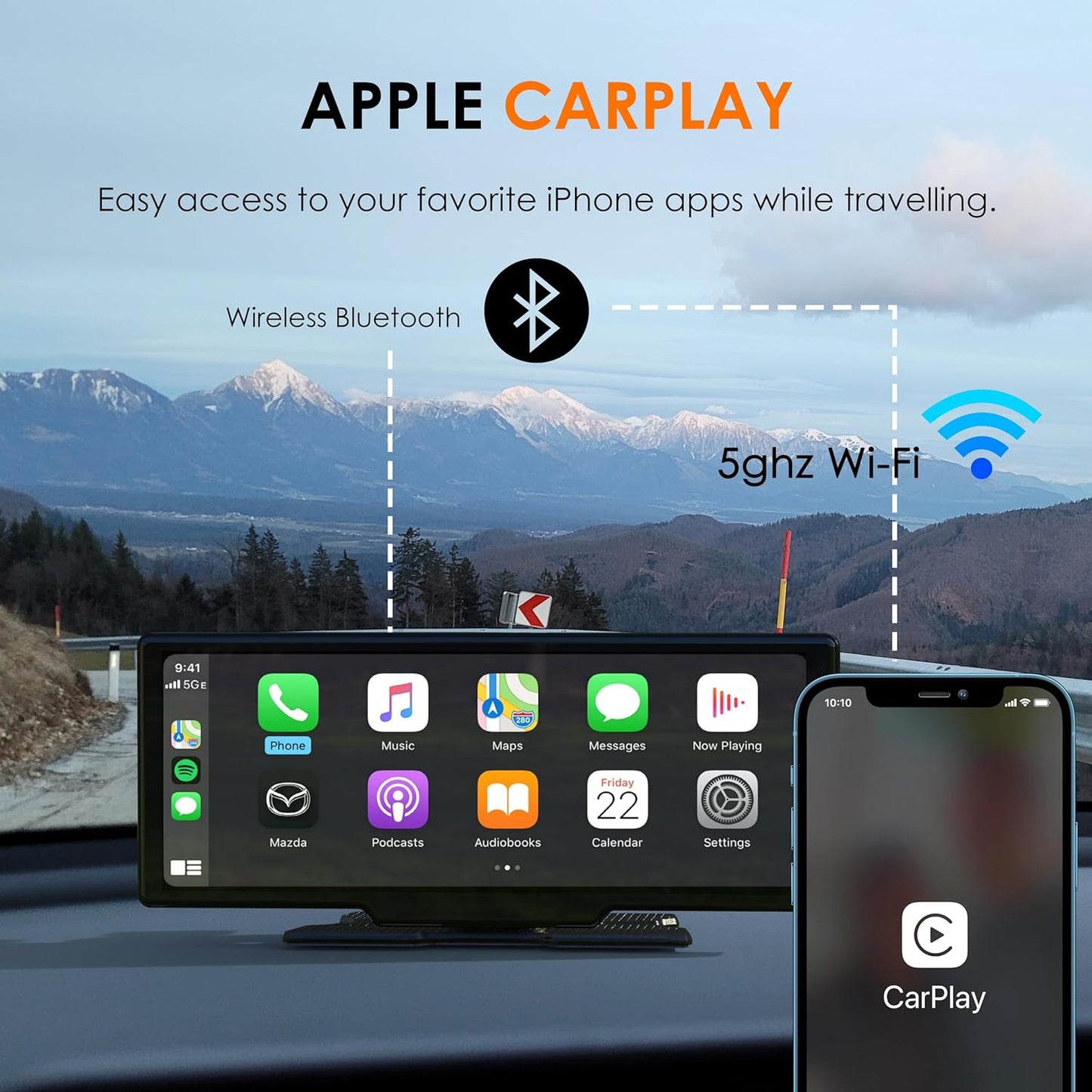 CPDuo Pro - 10.26" 4K Dash Cam with Wireless CarPlay & Android Auto, Touchscreen, GPS, Bluetooth, WDR, Night Vision, 170° Wide, Parking Mode