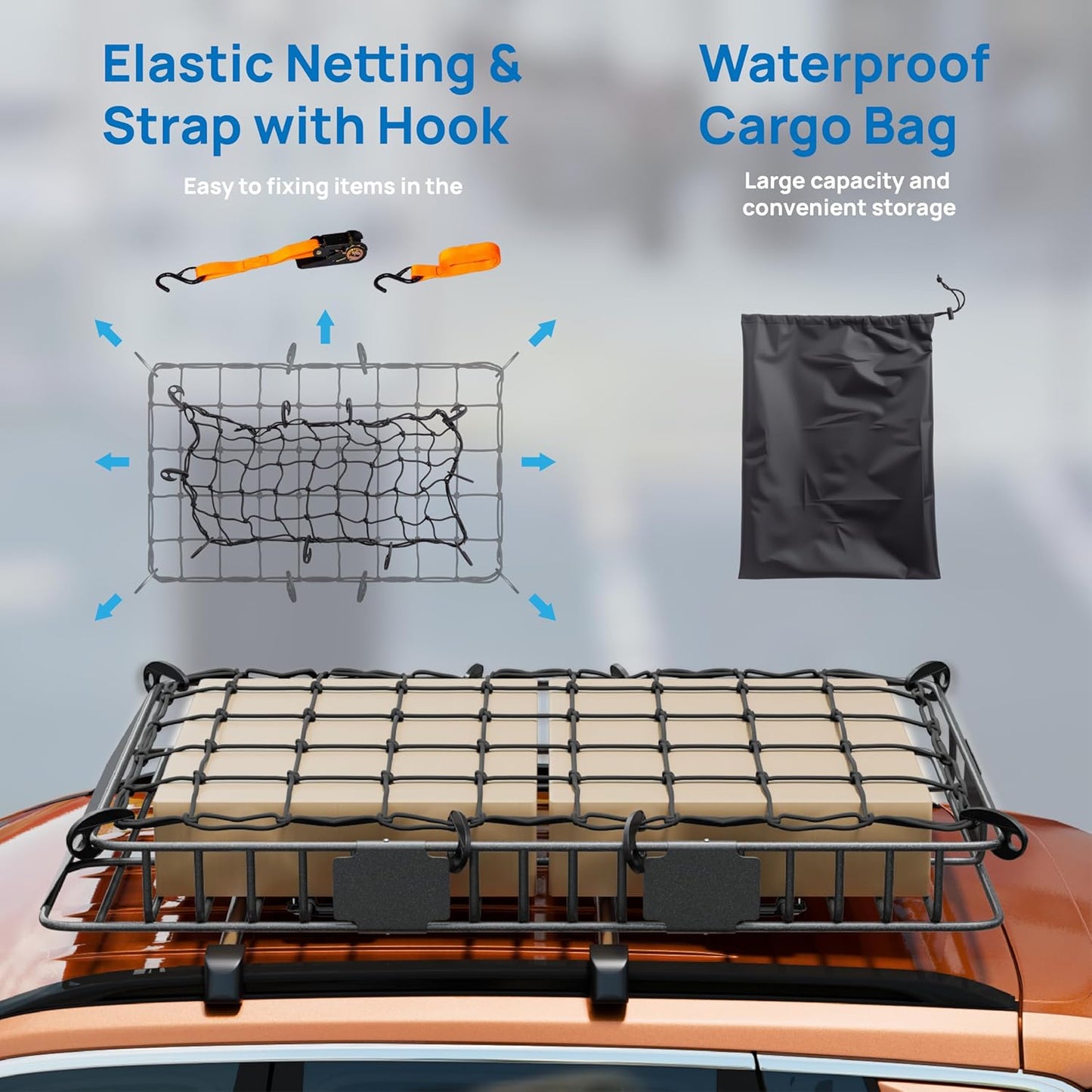 TUFFIOM 64"x 39"x 6" Universal Rooftop Cargo Carrier Basket, Extendable Steel Roof Rack Basket w/Net+Storage Bag+Pedal+Straps, Heavy Duty Car Top Rack Luggage Holder Carrier for SUV Car Truck Van
