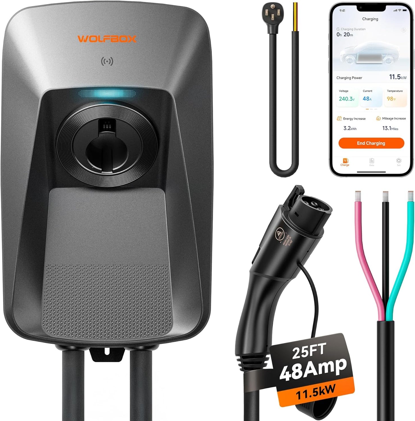 WOLFBOX Level 2 ev Charger 48 Amp J1772,Hardwired ev Charger Level 2 with NEMA 14-50 Plug 25ft Cable,Smart APP&RFID Card Control,240V Electric Vehicle Charging Station for Electric Automobile(WE48)