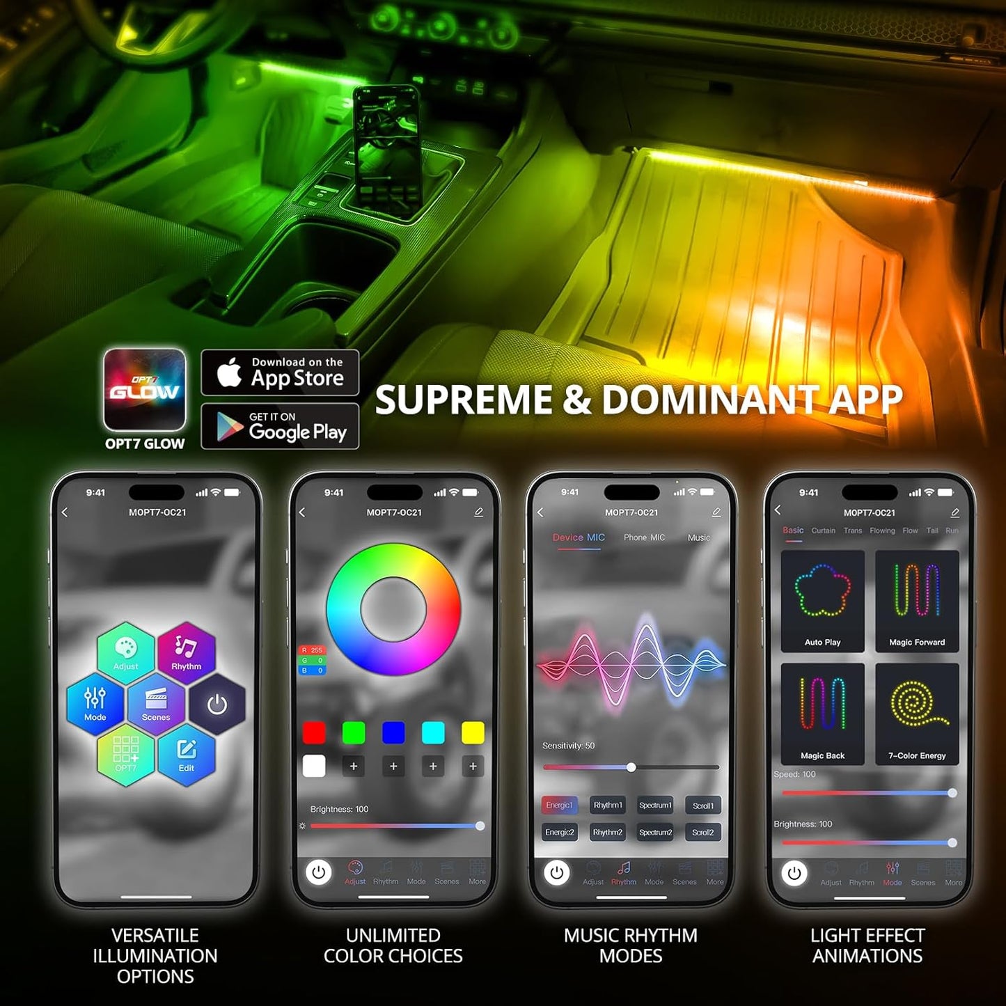 OPT7 Aura DreamColor Interior Light Strips, 4PC Double RGB-IC LED Color Chasing Kit w/APP & Remote Control, Underdash Ambient Lighting Universal for Vehicles Cars Trucks SUVs