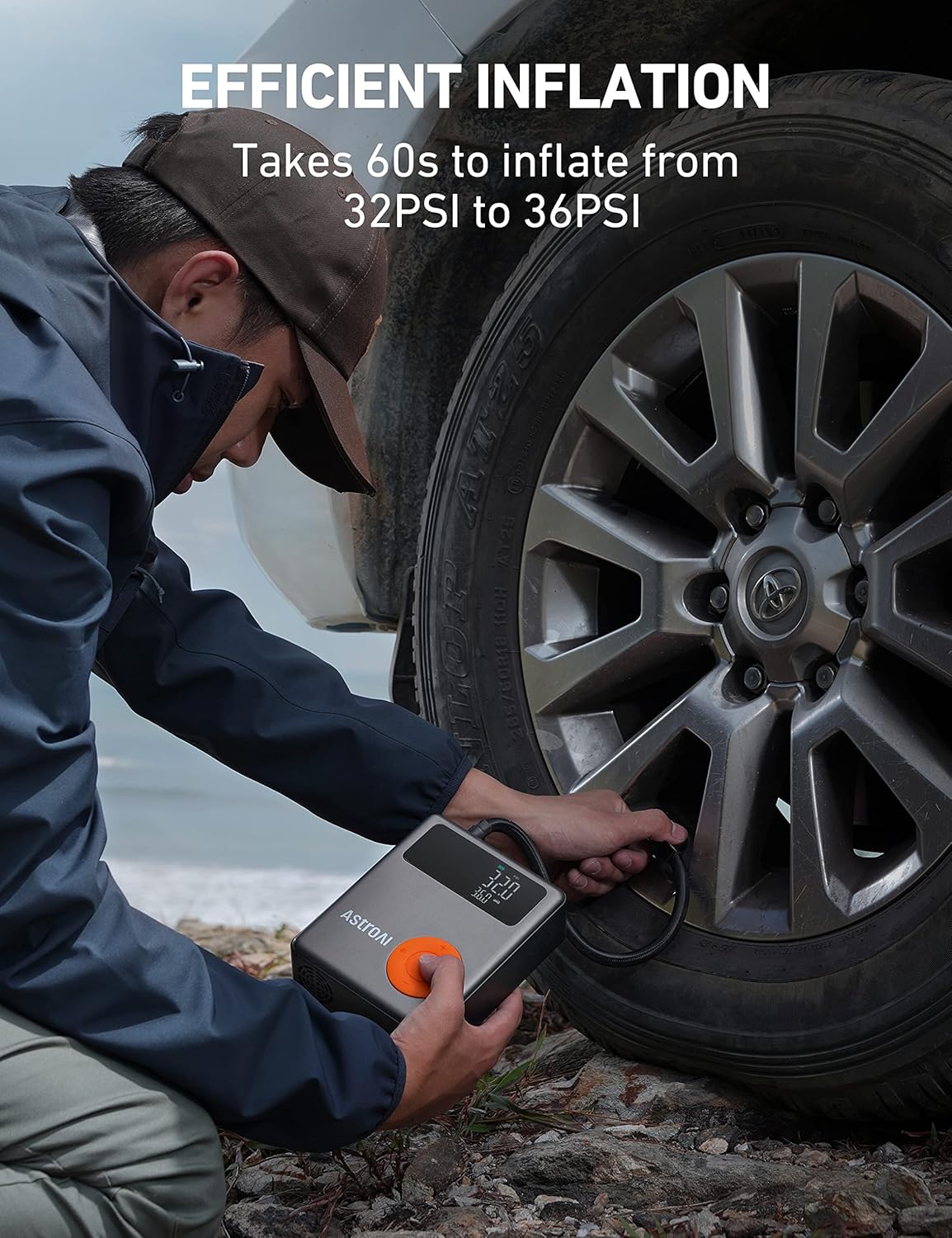AstroAI Portable Car Jump Starter with Air Compressor, 150PSI 1750A Car Jumper Starter Battery Pack with Cordless Tire Inflator (7.5 Gas/5.0L Diesel), 12V Jump Box, Large LCD Display, Lights