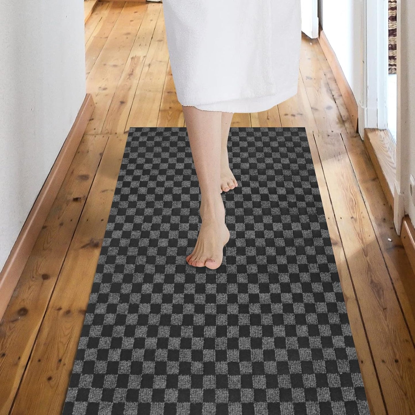 Custom Size Backed Non-Slip Area Rugs Runner, Easy Clean, Waterproof Runner Rugs for Hallway Entryway, Kitchen, Laundry, 4FT x 32FT, Gray Checkered