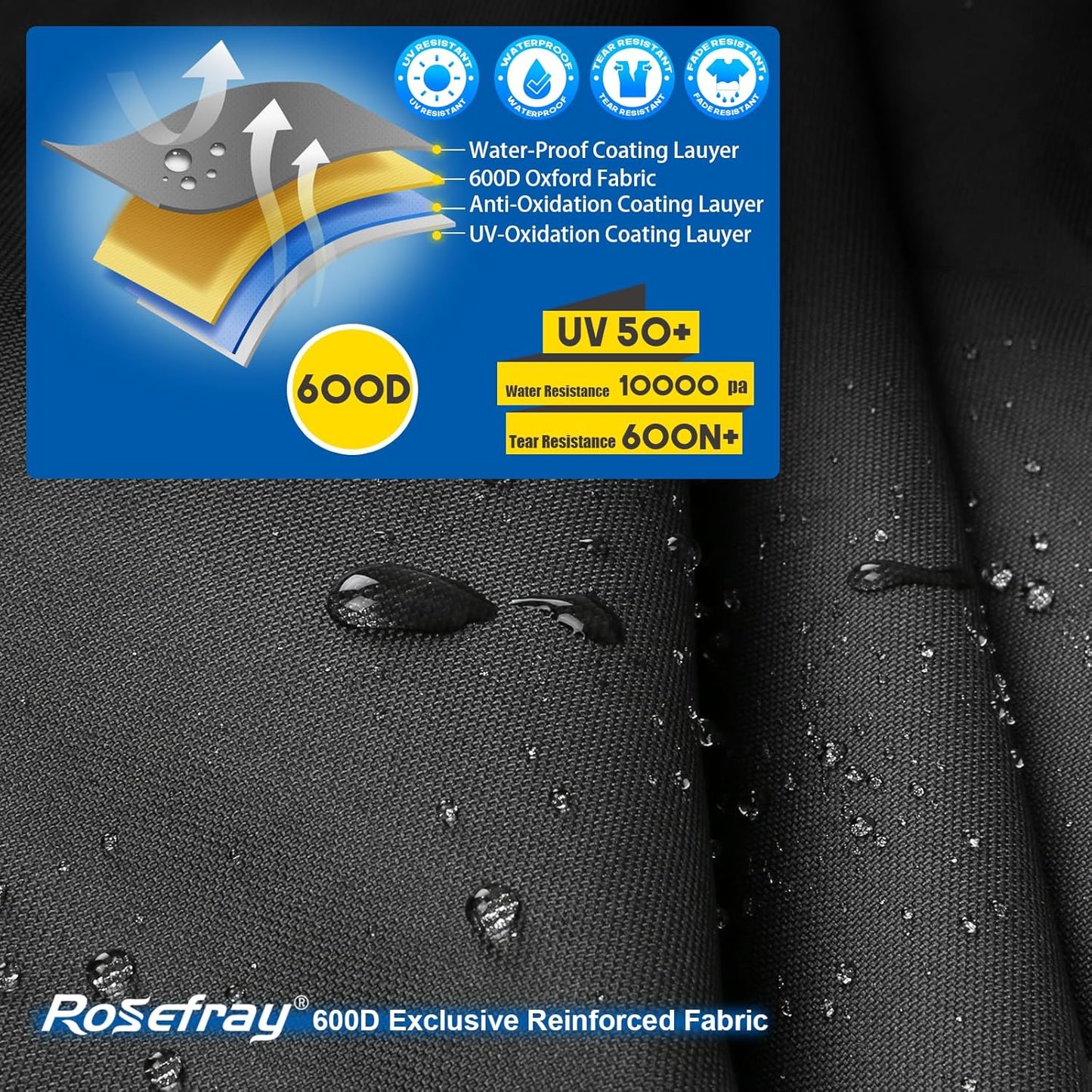 Rosefray Motorcycle Cover with Side+Top Box Heavy Duty 600D Waterproof for Touring Models Harley Davidson Ultra Limited,Road Glide Limited, Gold Wing,Road Master,Indoor & Outdoor Storage Black