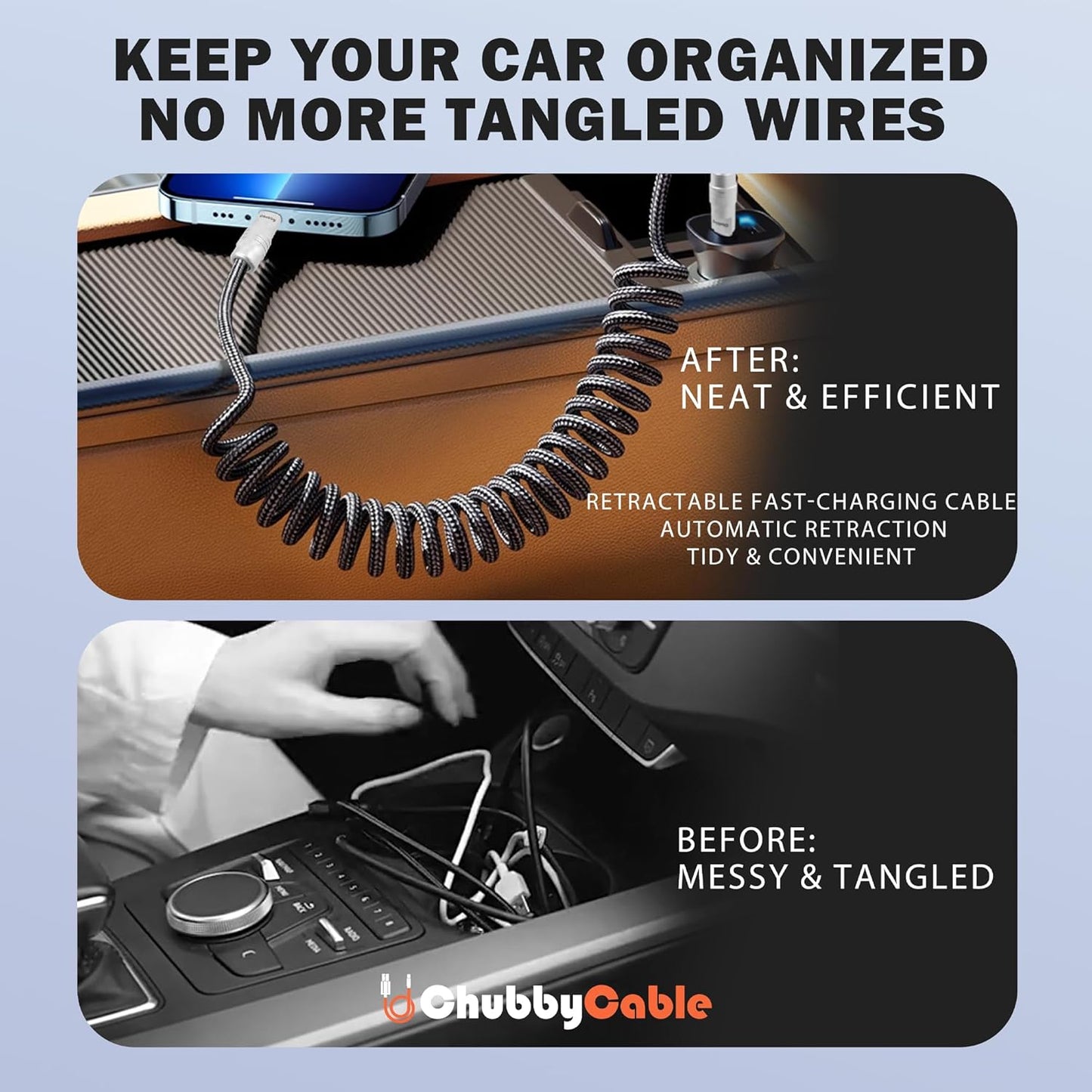 chubbycable Curly Chubby - Retractable Fast Charging Cable 240W Coiled Charger Cord for Car Durable USB-C Cable for Phones, Tablets and More, Orange, Type-C to Type-C, 1.3FT-2.3FT