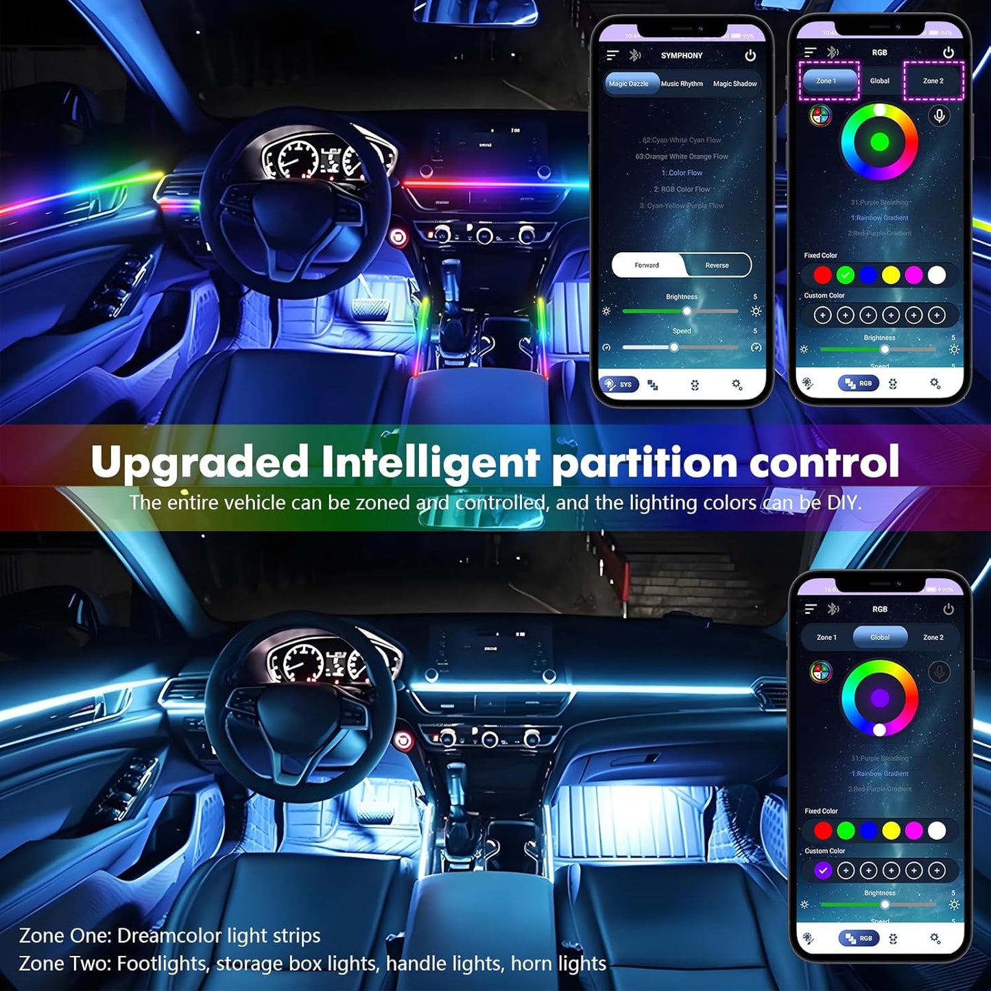 New Version Dreamcolor Acrylic Car Interior Lights 10 in 1 RGB LED Strip Lights APP Control Zoned Control System 252 Color Modes DIY Fiber Optic Ambient Lighting Kits Music Car Neon Lights