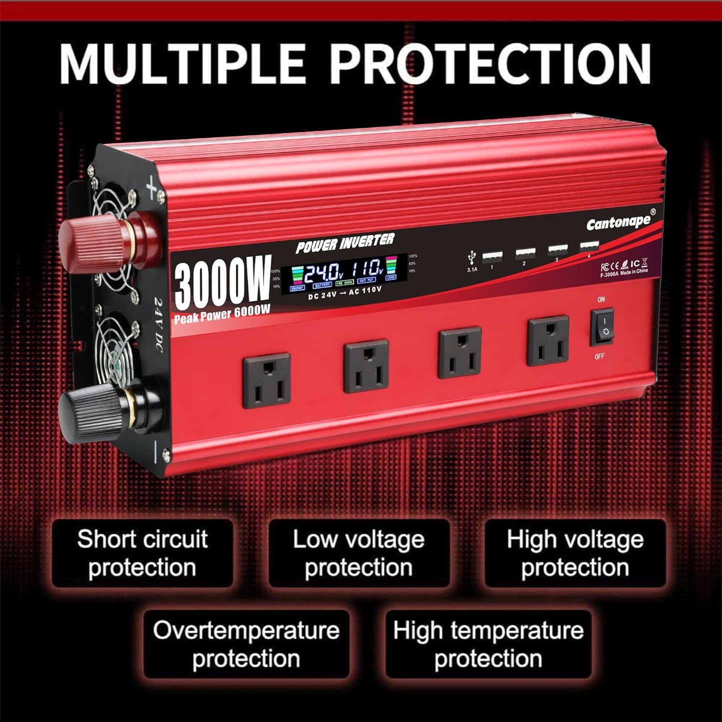 3000W Power Inverter 24V to 110V/120V DC to AC with LCD Display, Remote Controller 4 x AC Outlets and 4 x 3.1A USB Car Adapter for Car Truck Boat RV Solar System