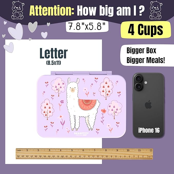 BEARFOOT Bento Box Compact, BPA-Free Children's Lunch Box for School and Nursery, Leak-Proof Lunch Box for Girls and Boys, Practical, Lightweight and Compact (Llama Purple, 4 Cups)