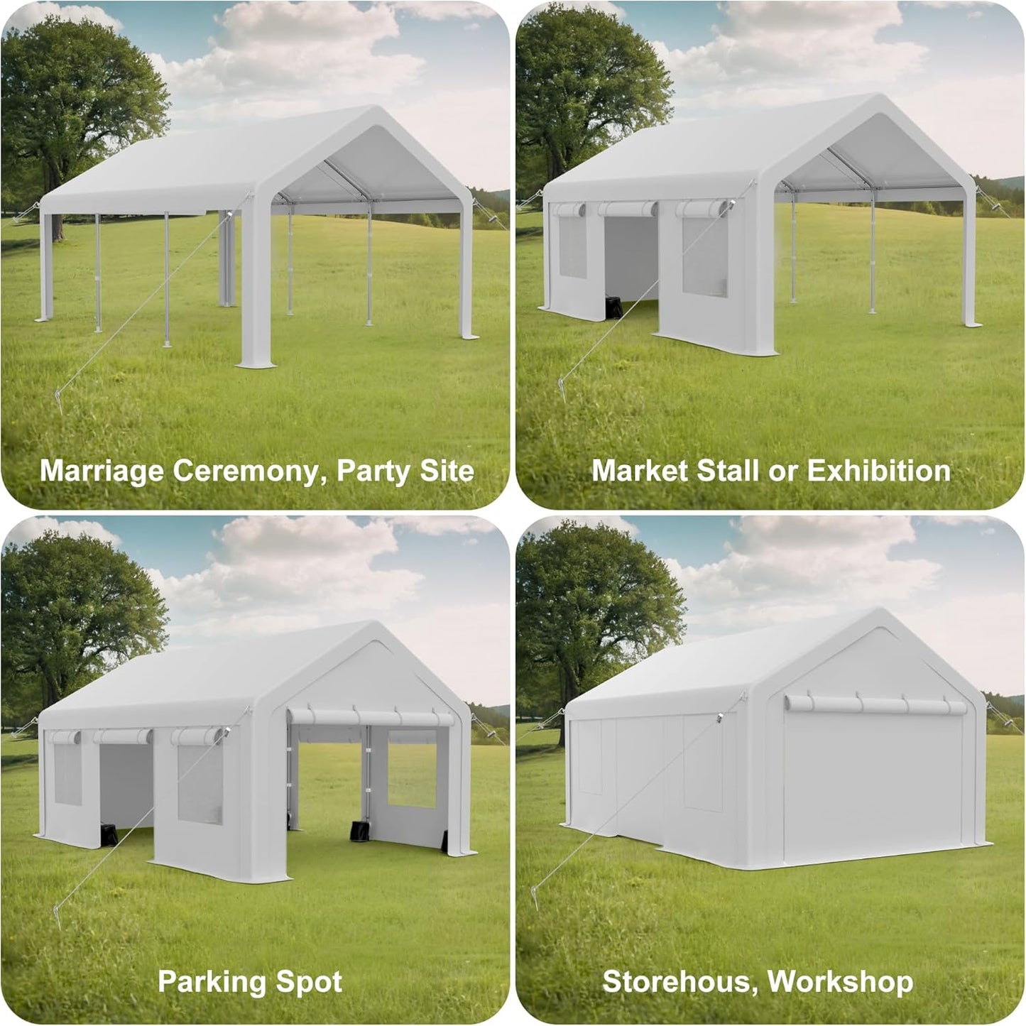 Heavy Duty Carport, Portable Garage with 4 Doors & 4 Window，Upgraded Carport with Reinforced Steel Poles, Uv Resistant All-Season Waterproof Tarp, for Car, Truck, Boat