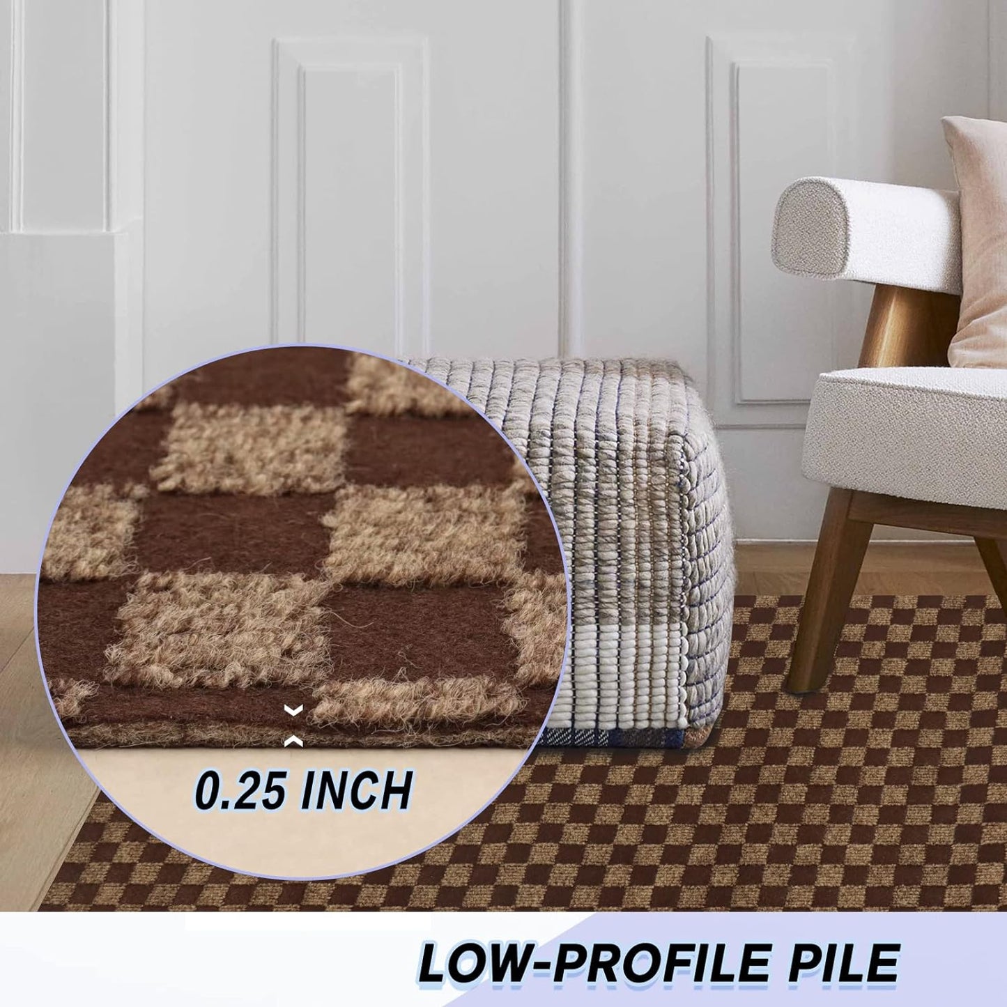 Custom Size Backed Non-Slip Area Rugs Runner, Easy Clean, Waterproof Runner Rugs for Hallway Entryway, Kitchen, Laundry, 2FT x 71FT, Brown Checkered