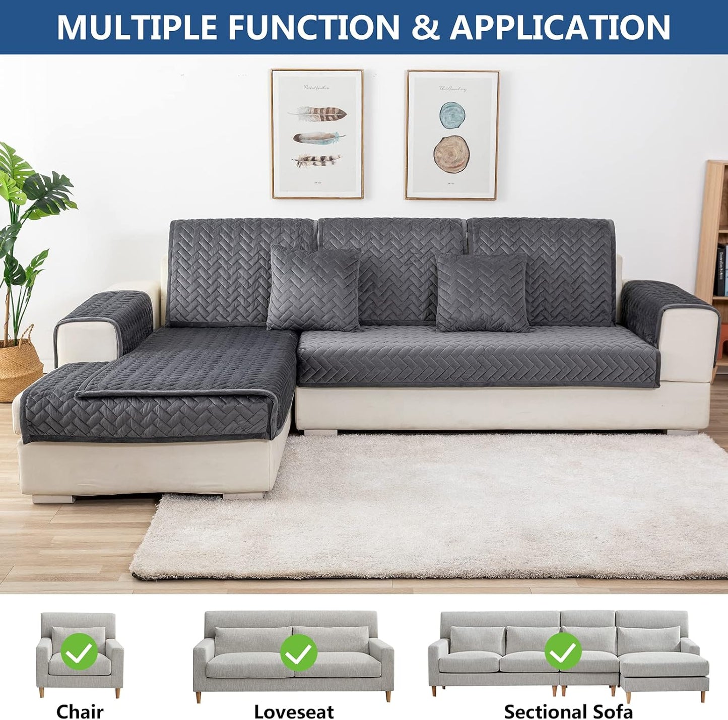 Eismodra Couch Cover,Sectional Couch Covers,Sofa Covers for 3 Cushion Couch,Anti-Slip Sofa Slipcovers for Dogs Cats Kids Loveseat Recliner L Shaped Armrest Backrest,Dark Gray 43''x82''(Only 1 Piece)
